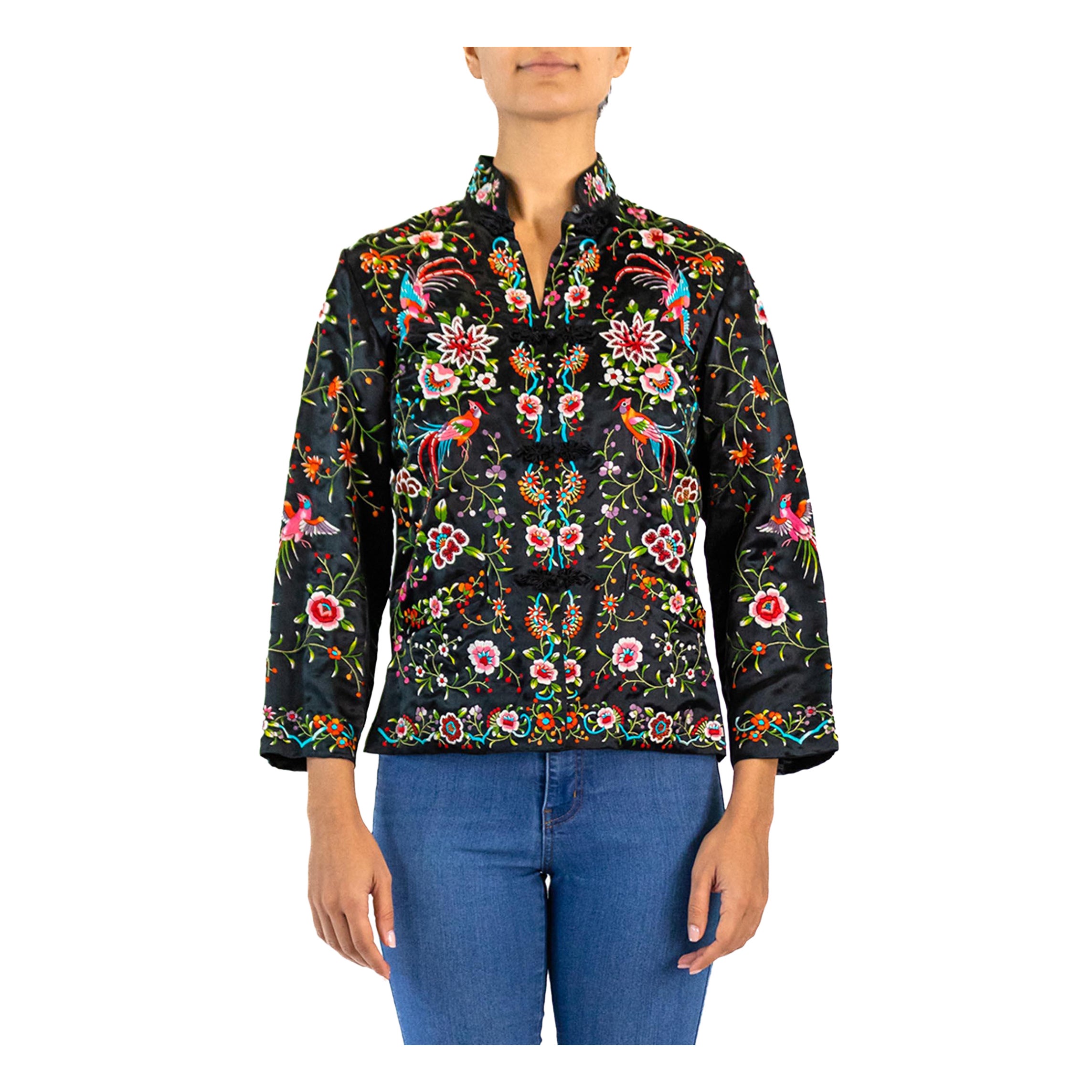 1940S Black Silk Satin Jacket Hand Embroidered With Birds 
Flowers
