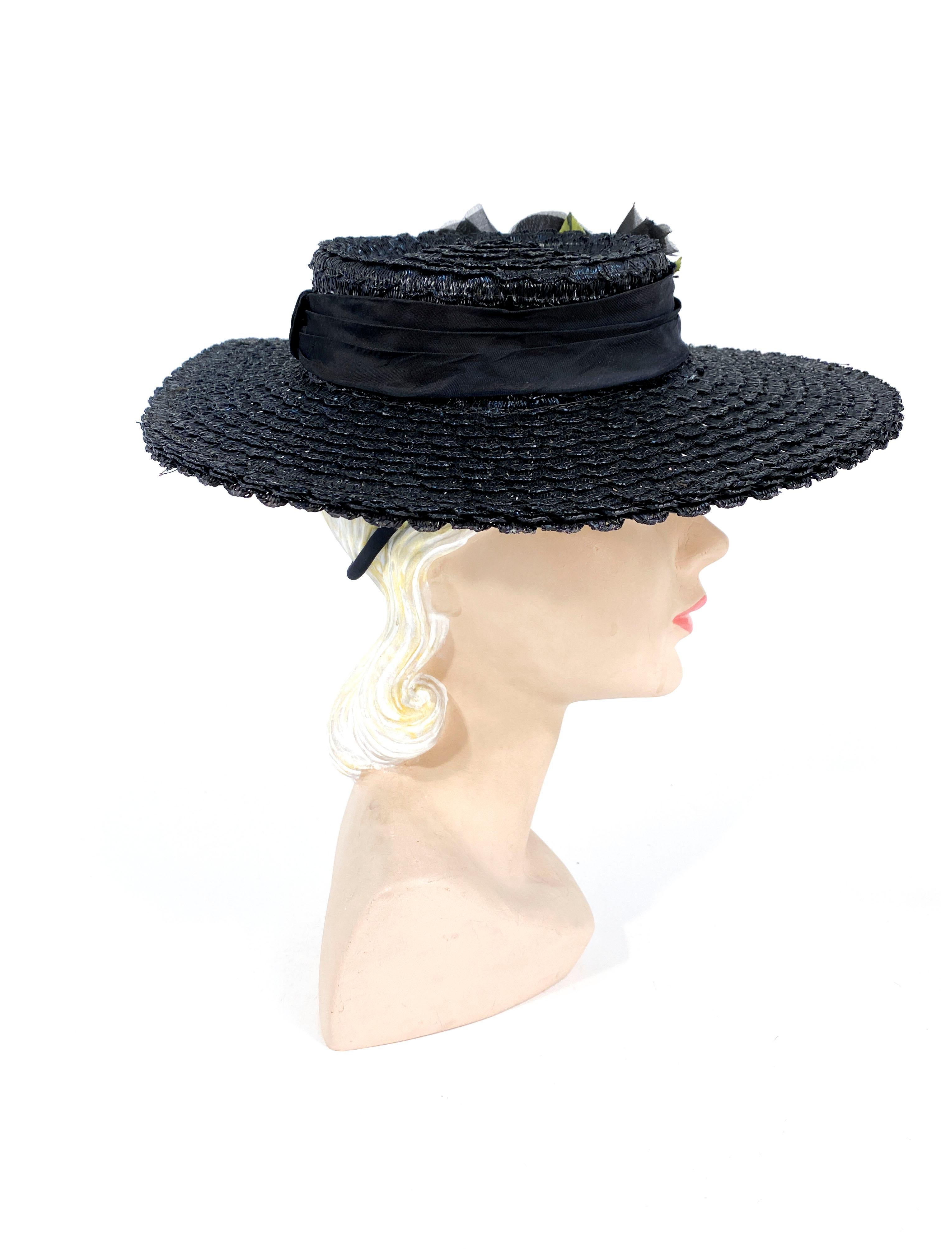 Women's 1940s Black Straw Hat with Silk Flower