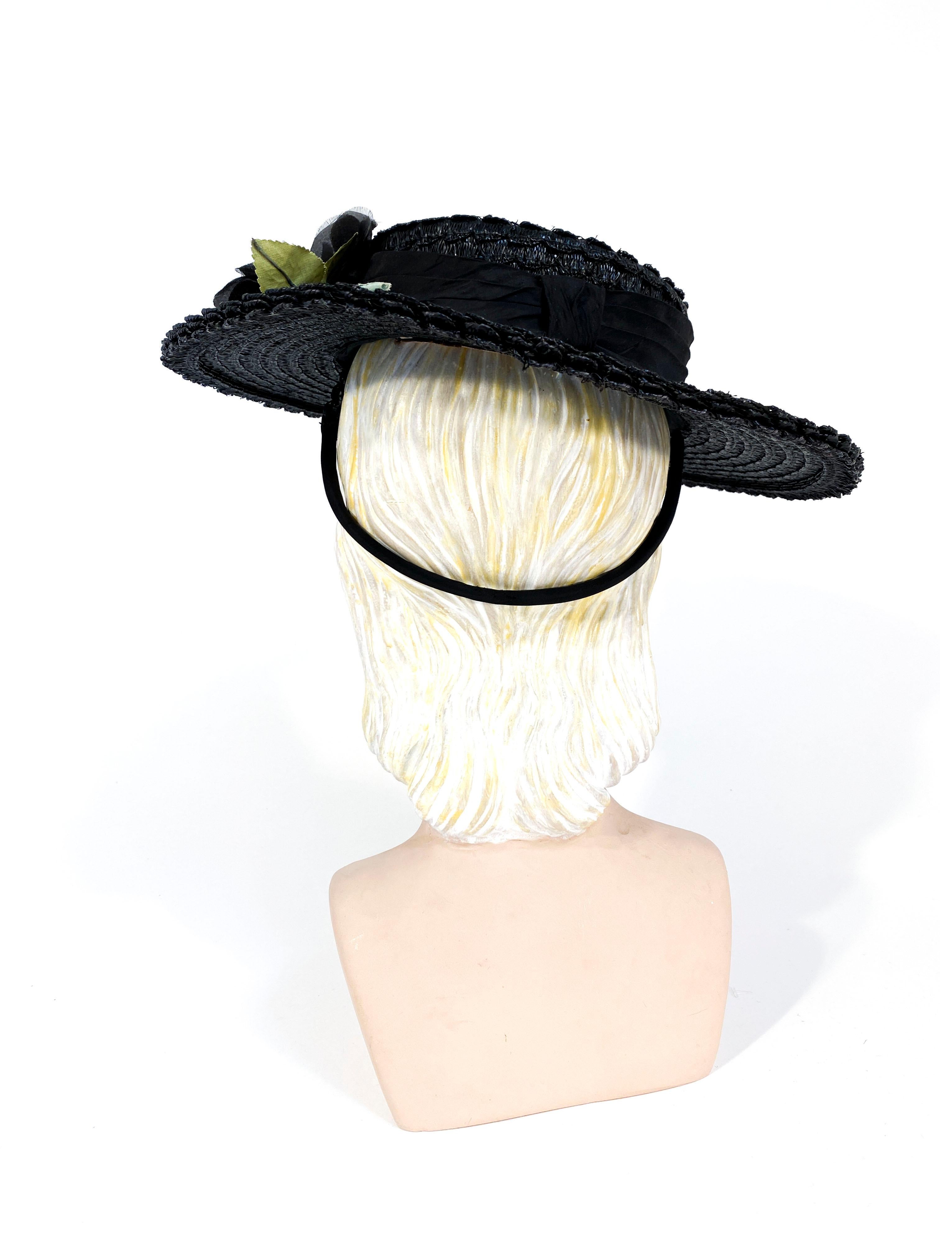 1940s Black Straw Hat with Silk Flower 1