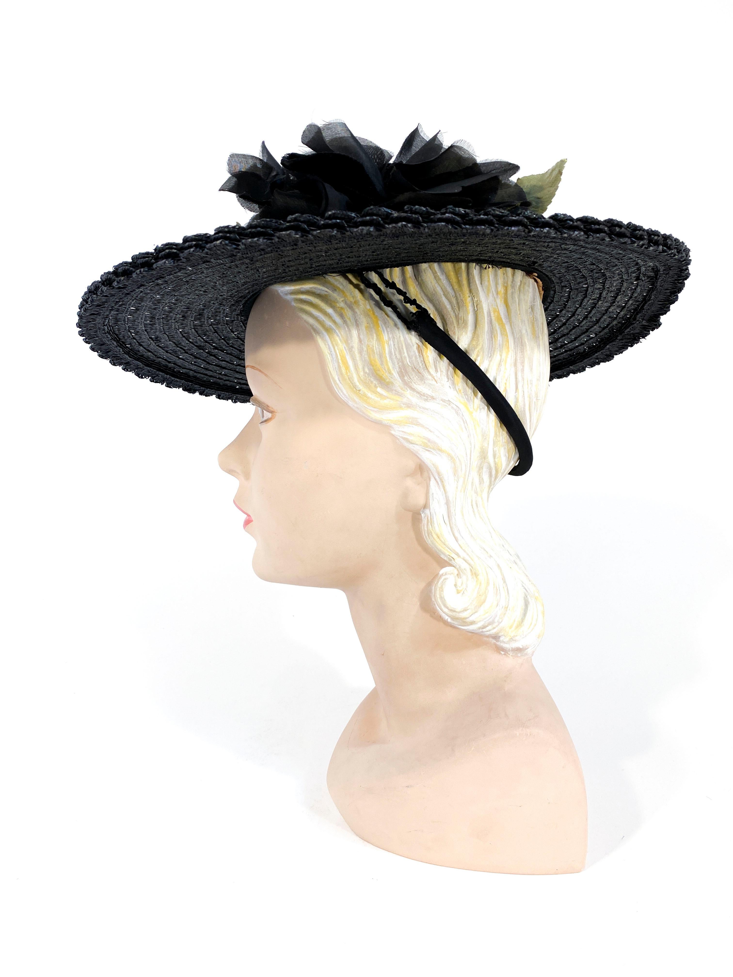 1940s Black Straw Hat with Silk Flower 2