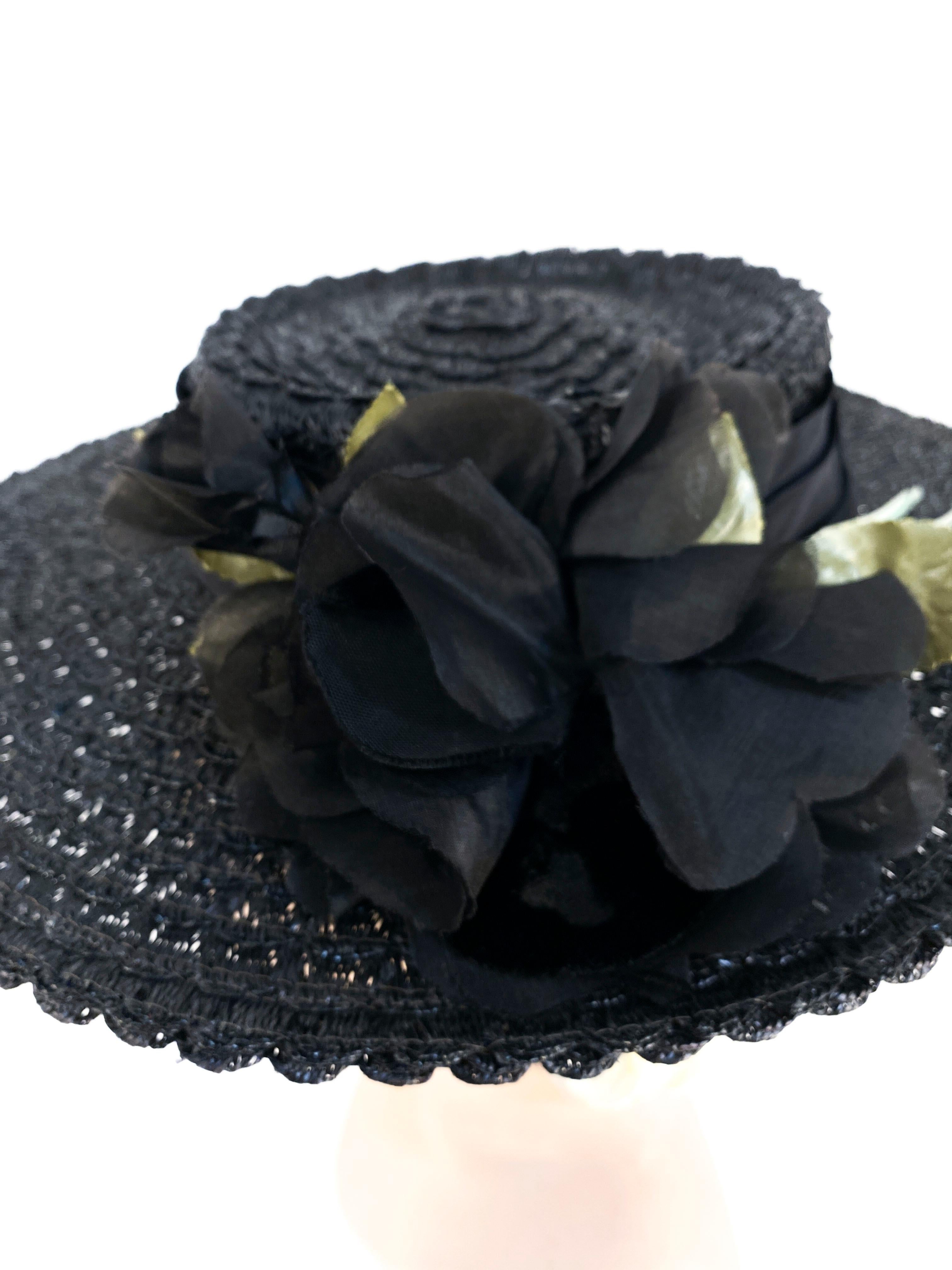 1940s Black Straw Hat with Silk Flower 3