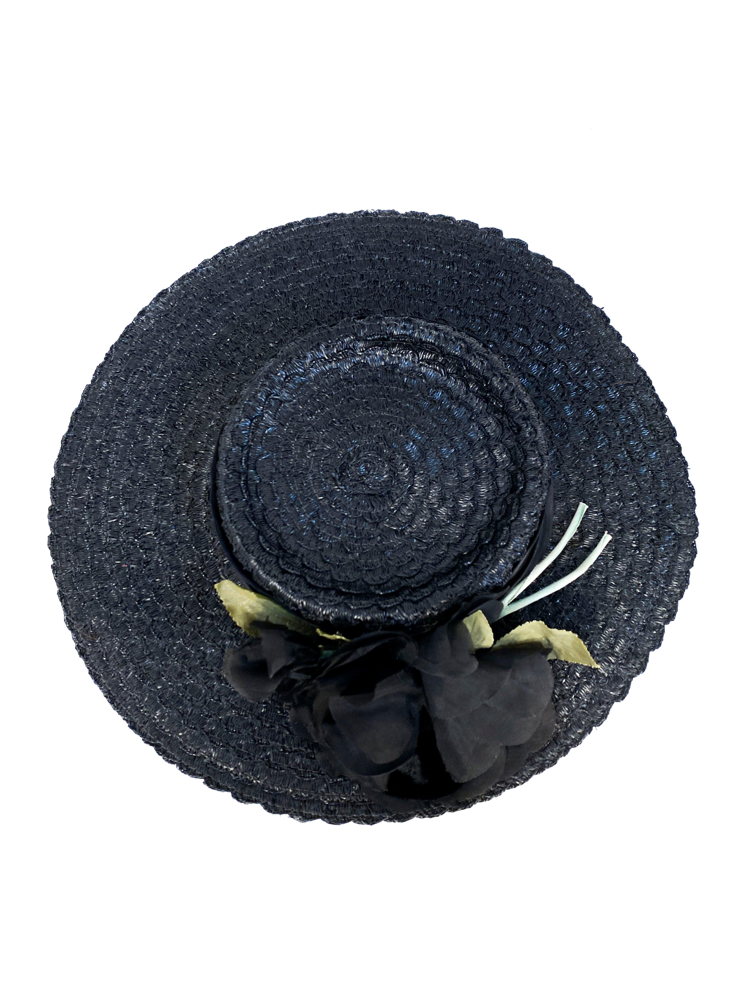 1940s Black Straw Hat with Silk Flower 4