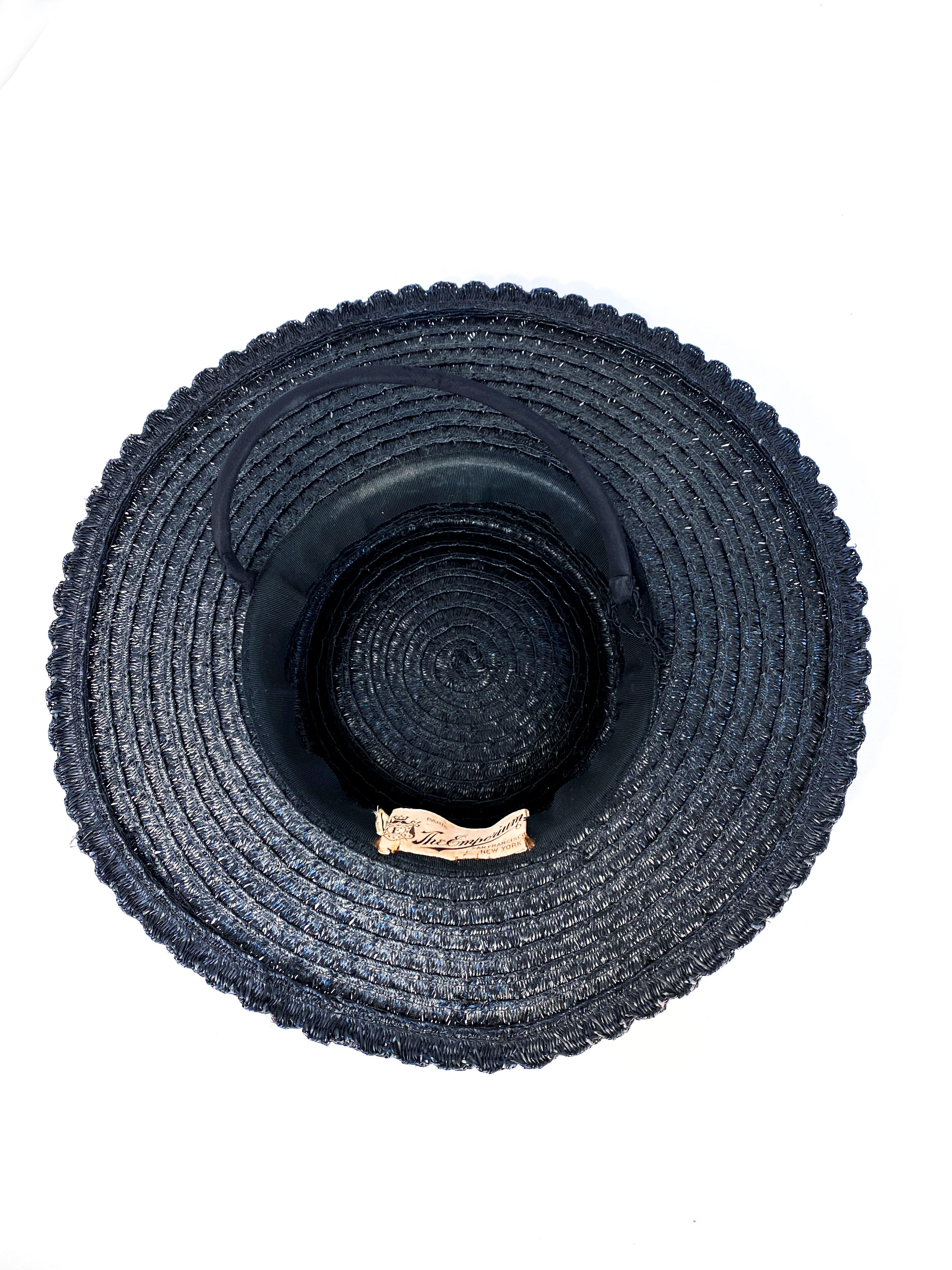1940s Black Straw Hat with Silk Flower 5