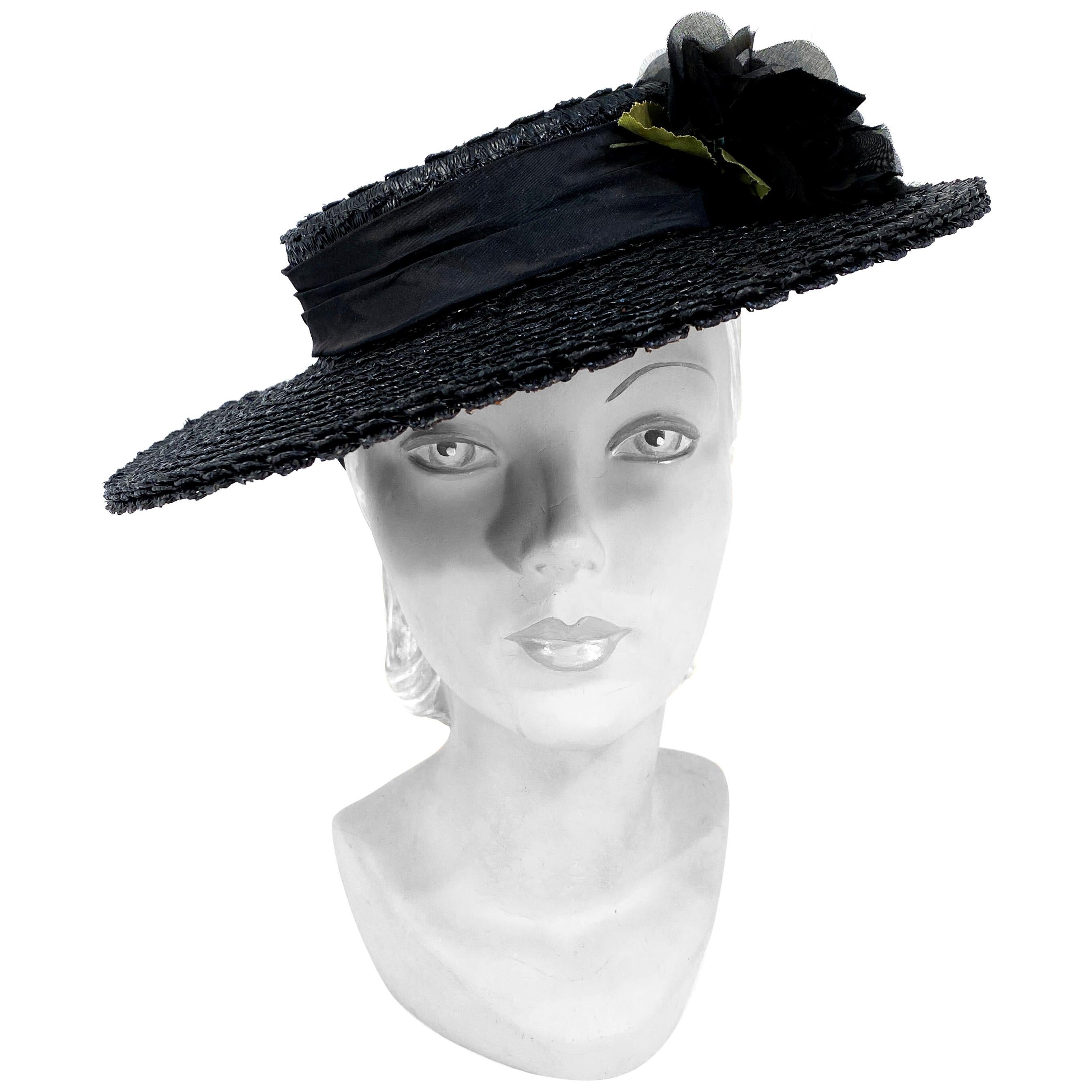 1940s Black Straw Hat with Silk Flower