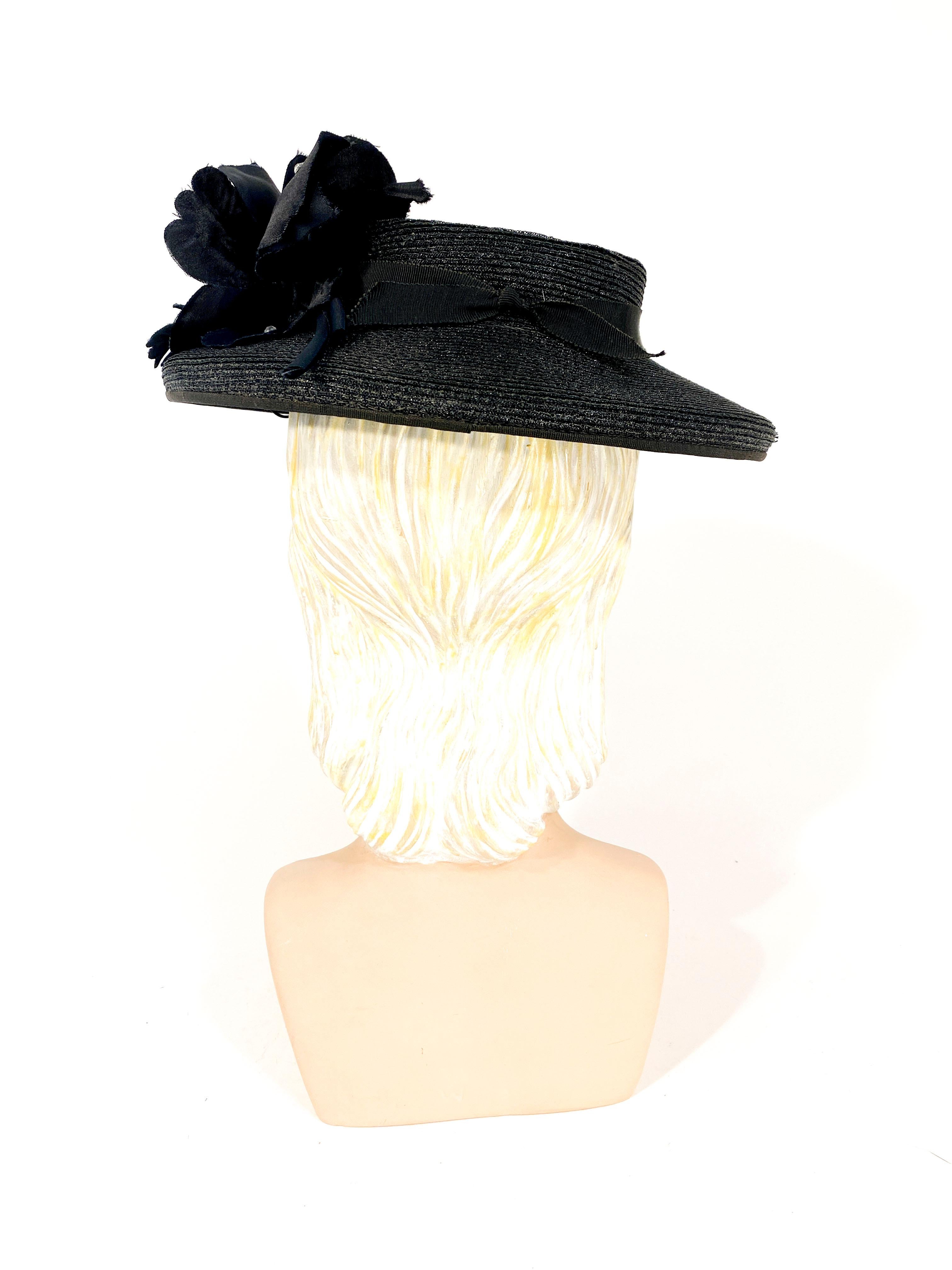 1940s Black Straw Perch Hat with Silk Rhinestoned Flower  In Good Condition In San Francisco, CA