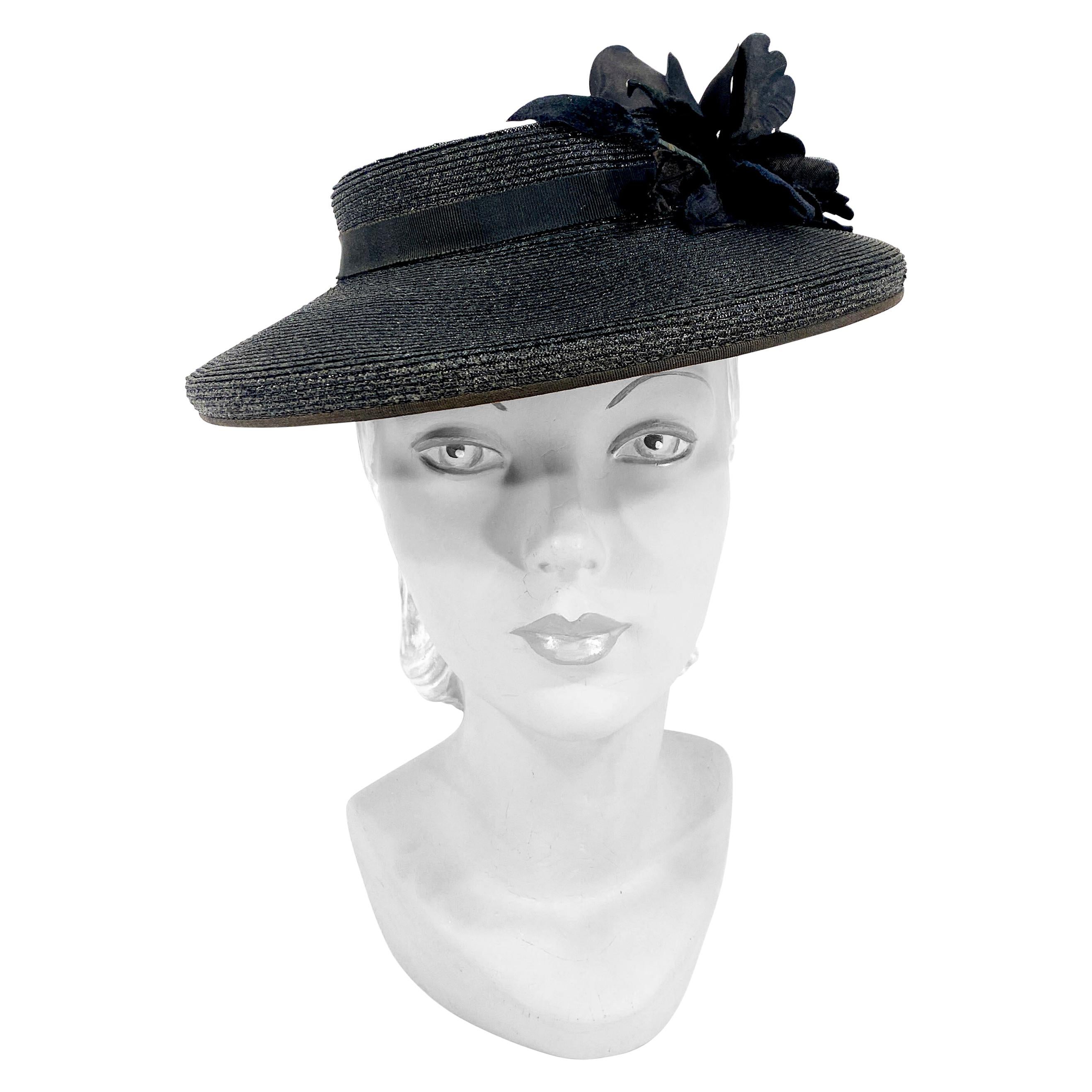 1940s Black Straw Perch Hat with Silk Rhinestoned Flower 