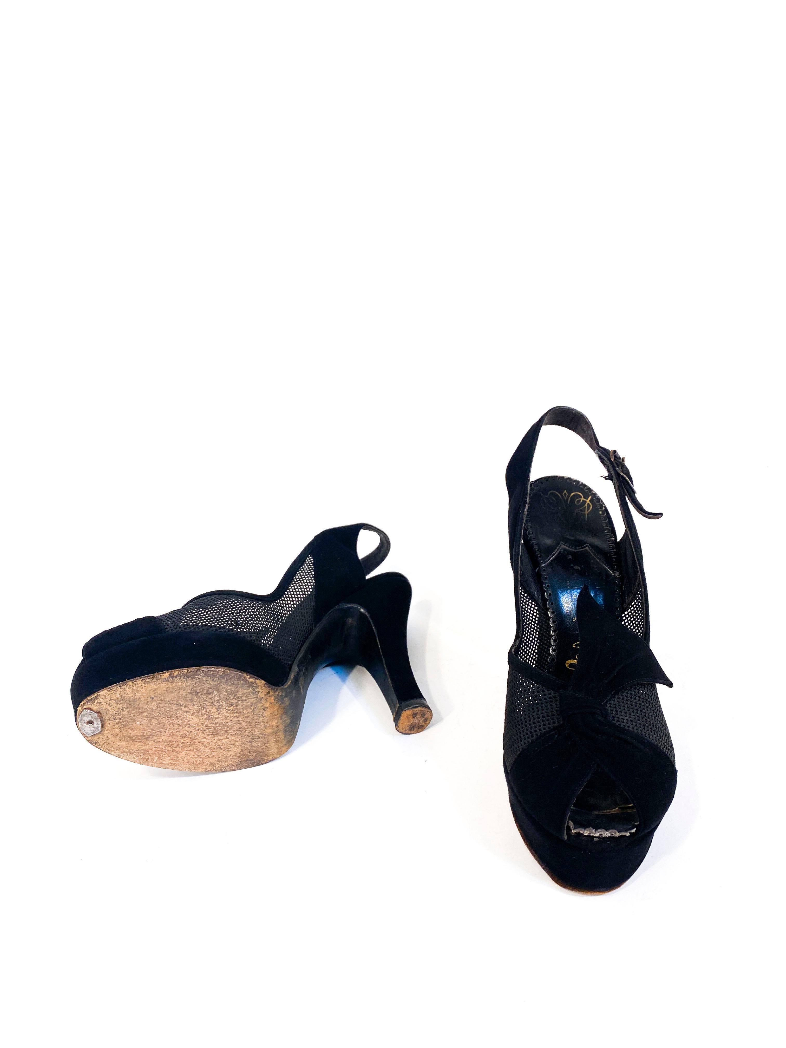 Women's 1940s Black Suede and Mesh Platform Heels For Sale