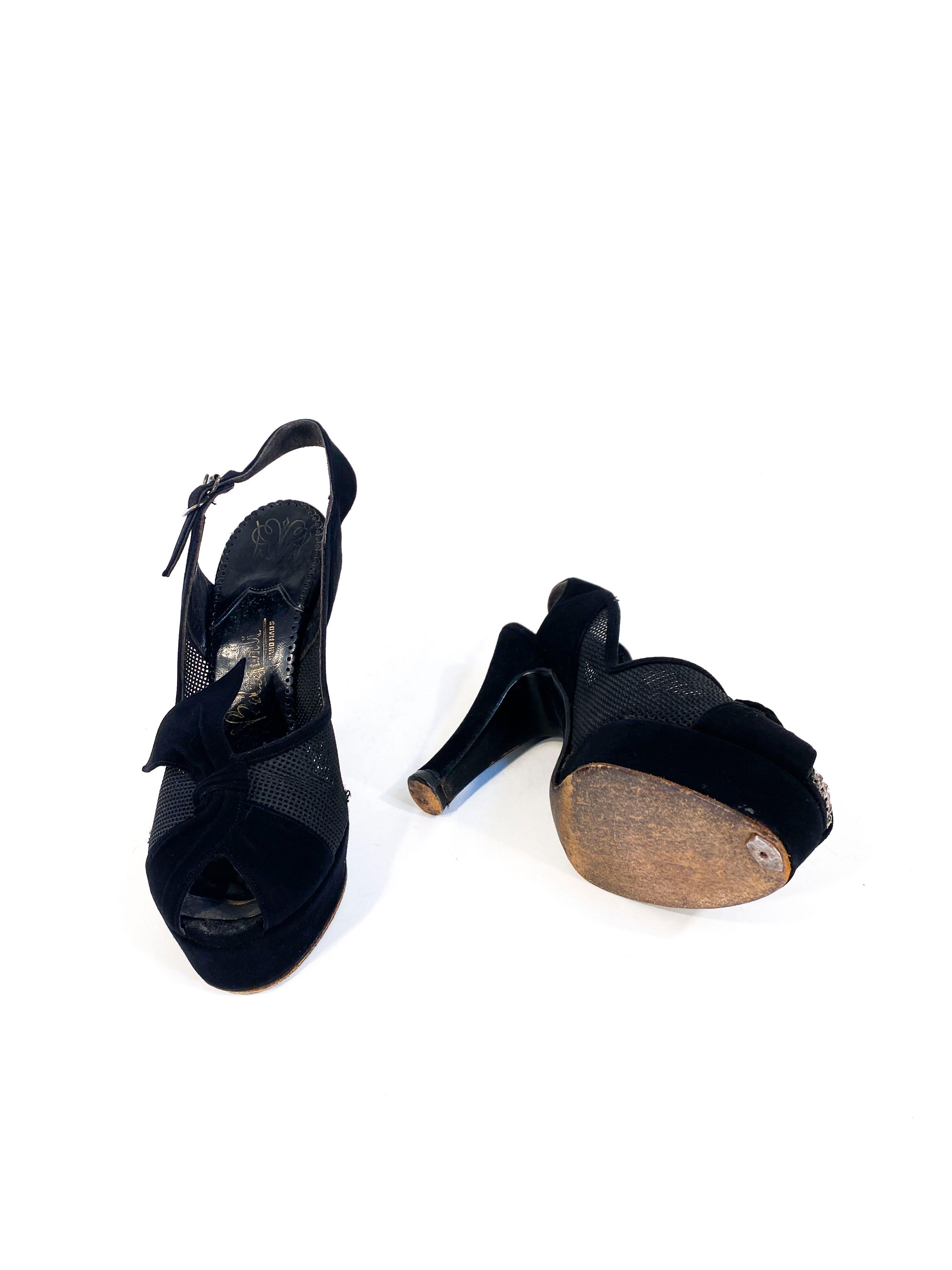 1940s Black Suede and Mesh Platform Heels For Sale 1