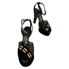 1940s Black Suede and Soft Brass Colored Satin Platform Heels