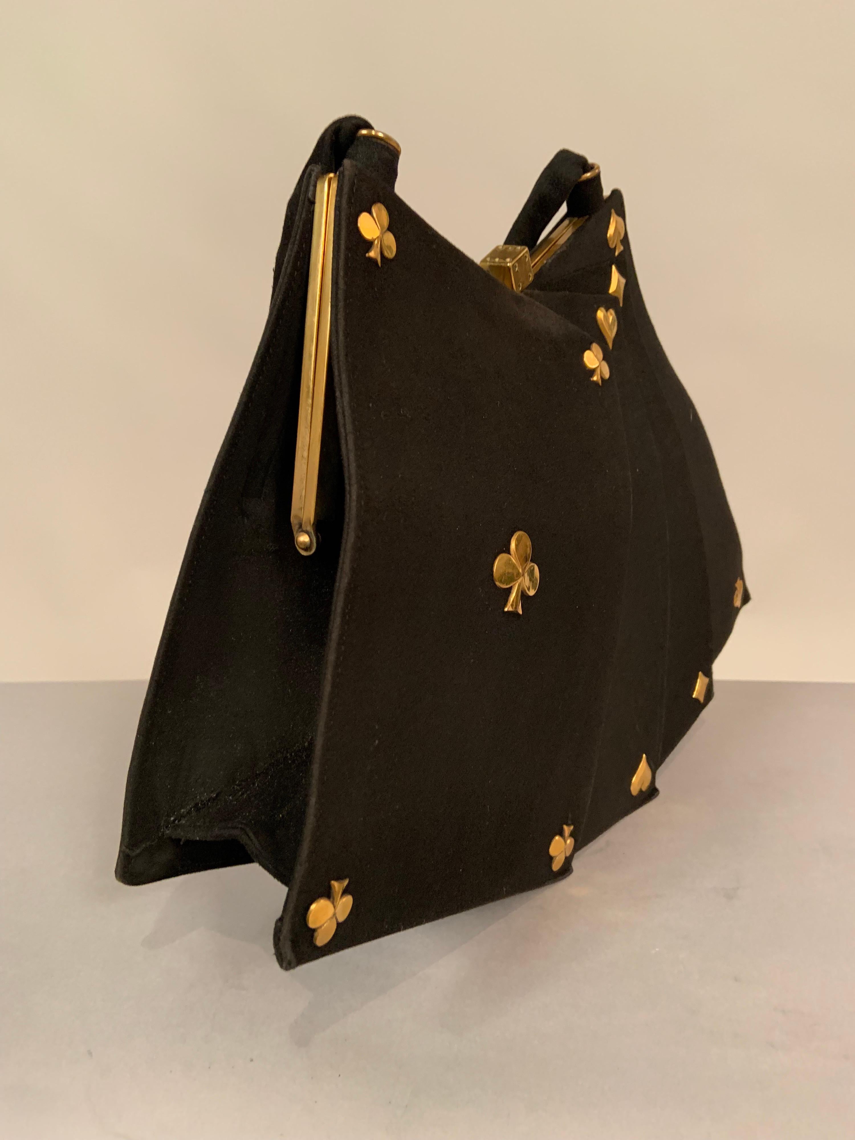 1940's Black Suede Deck of Card Handbag with Brass Trim In Good Condition In New Hope, PA
