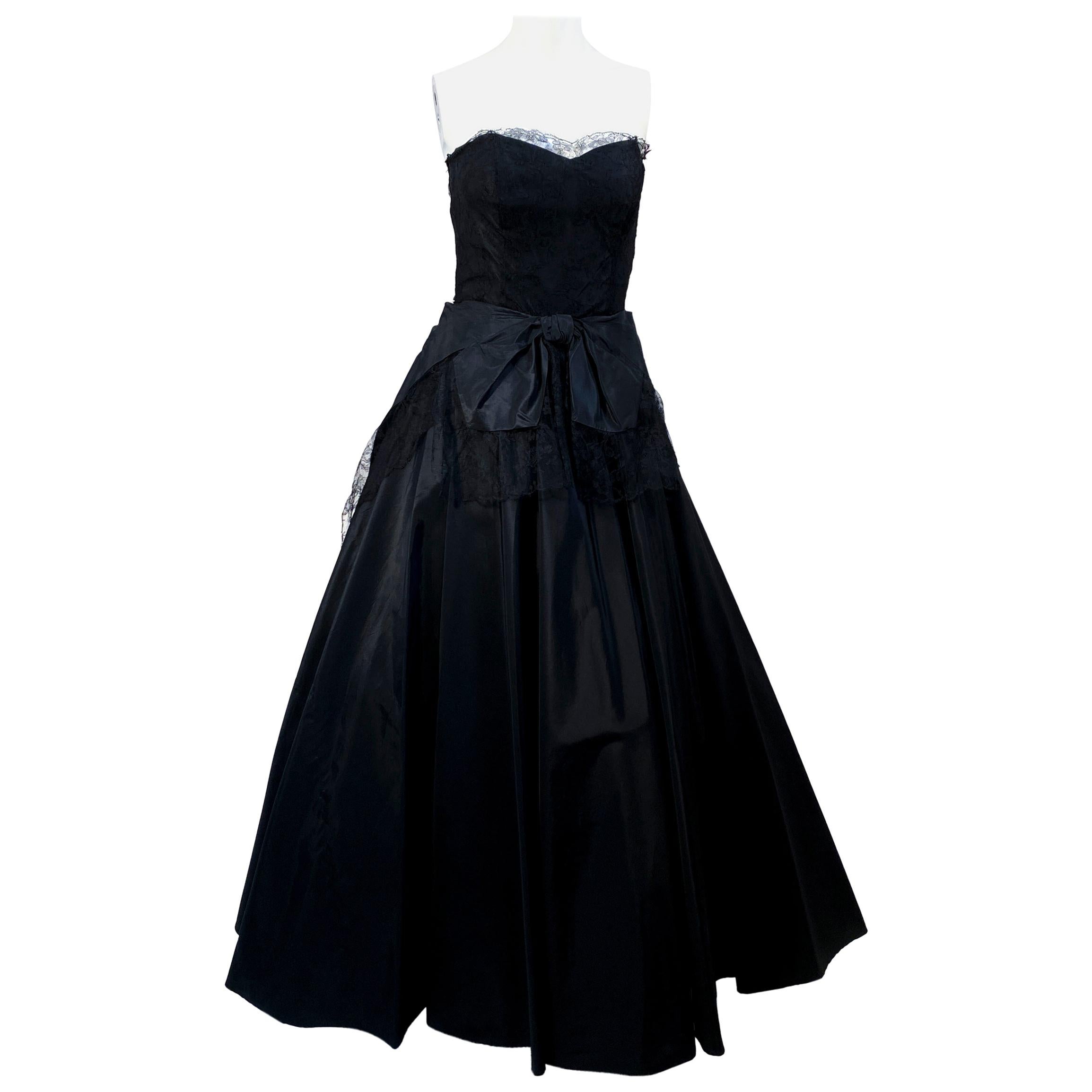 1940s Black Taffeta and Chantilly Lace Gown