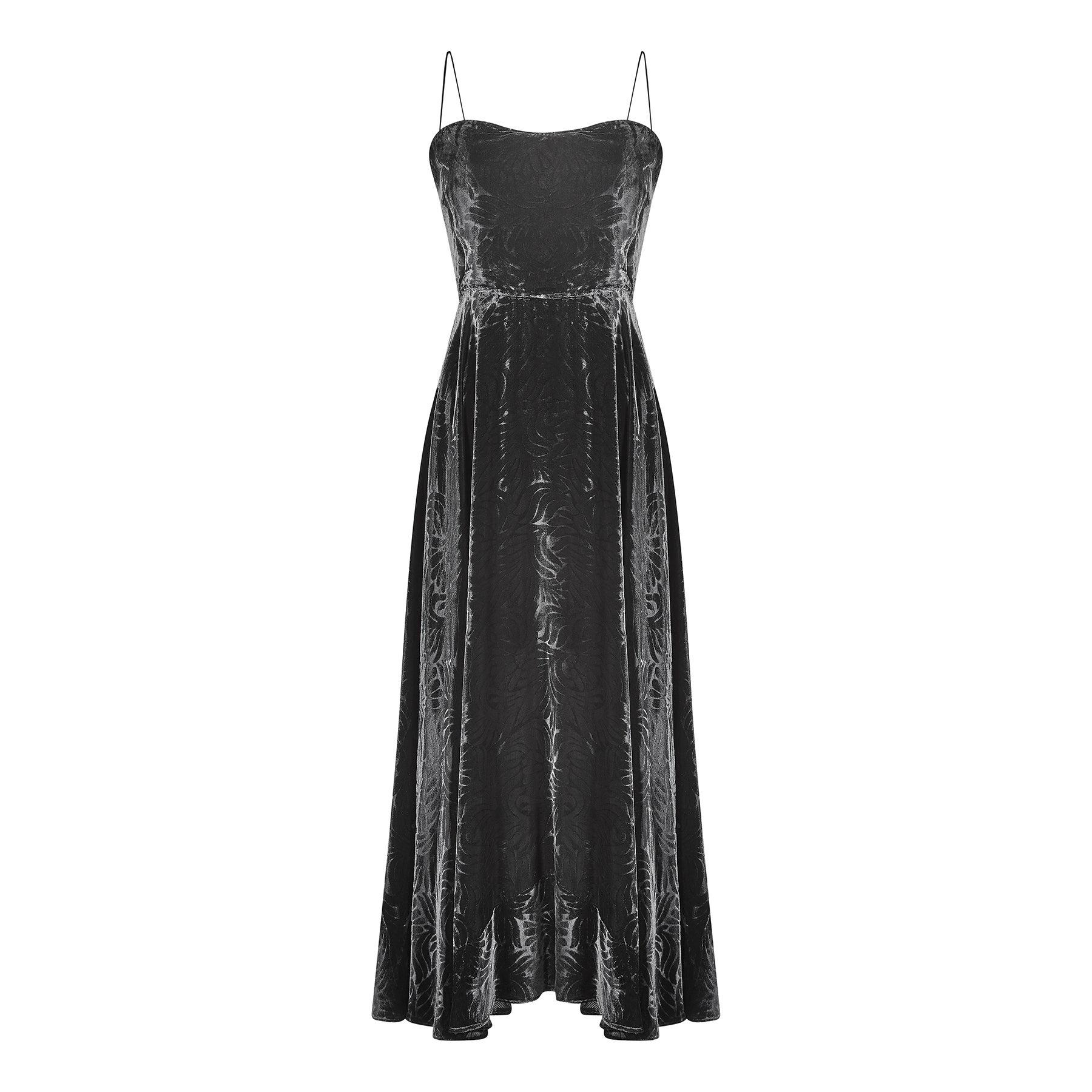 1940s Black Velvet Art Deco Floral Print Evening Dress For Sale