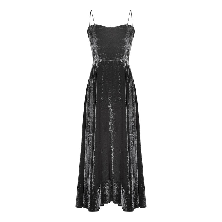 1940s Black Velvet Art Deco Floral Print Evening Dress For Sale at 1stDibs
