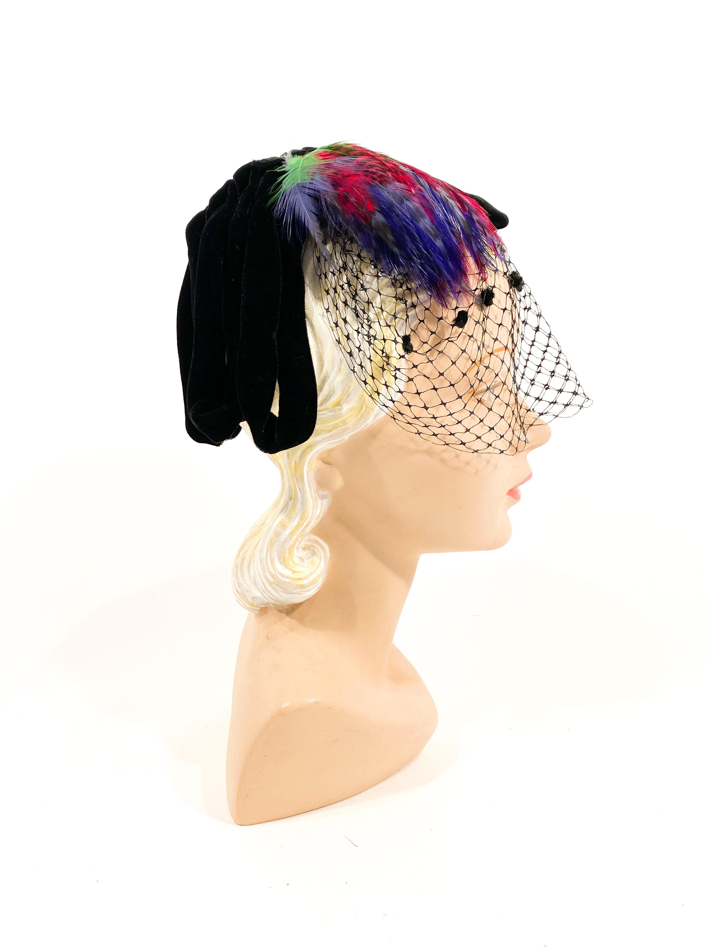 1940s Black Velvet Cocktail Hat with Veil and Colored Feathers  In Good Condition For Sale In San Francisco, CA