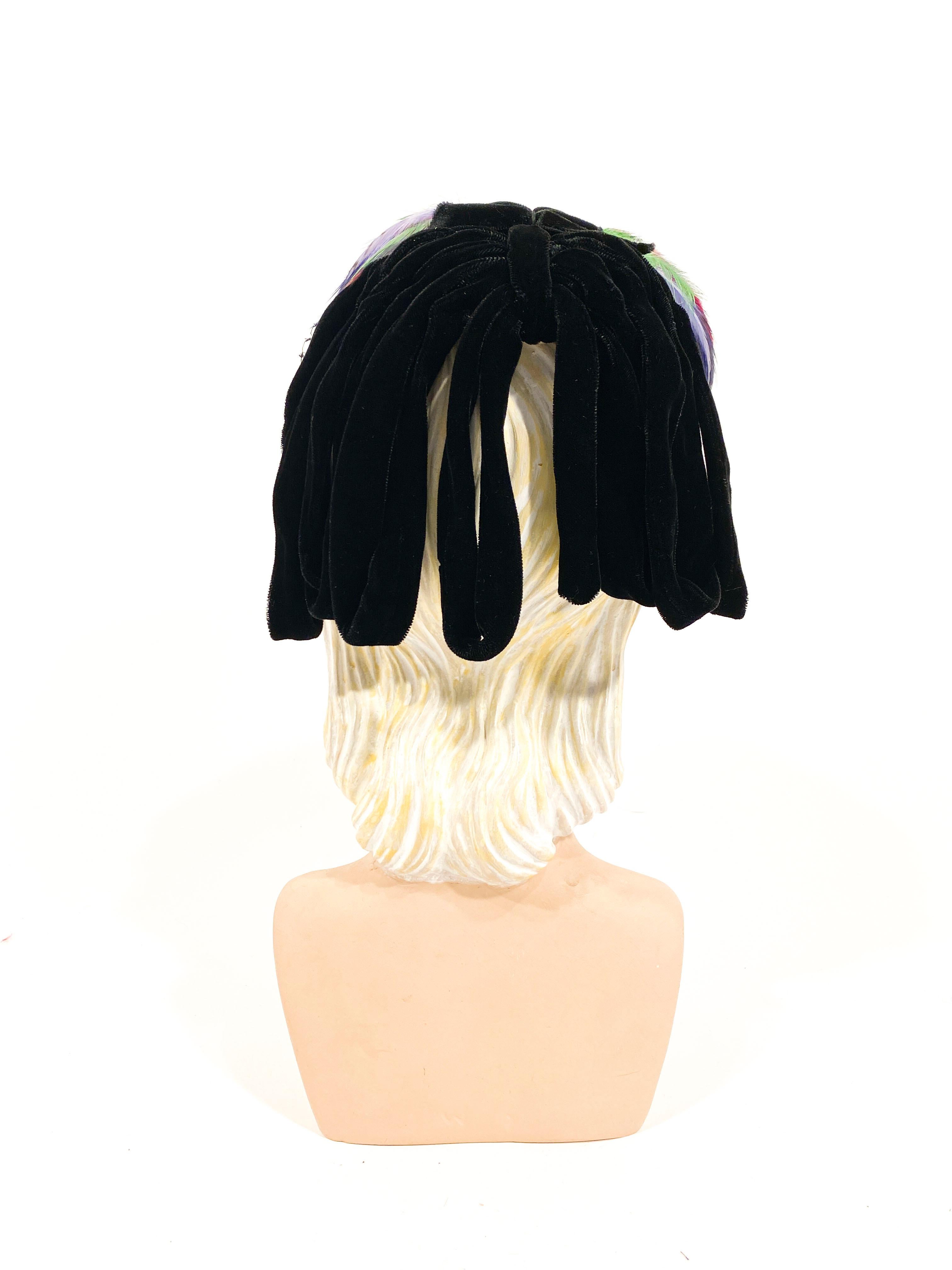 Women's or Men's 1940s Black Velvet Cocktail Hat with Veil and Colored Feathers  For Sale