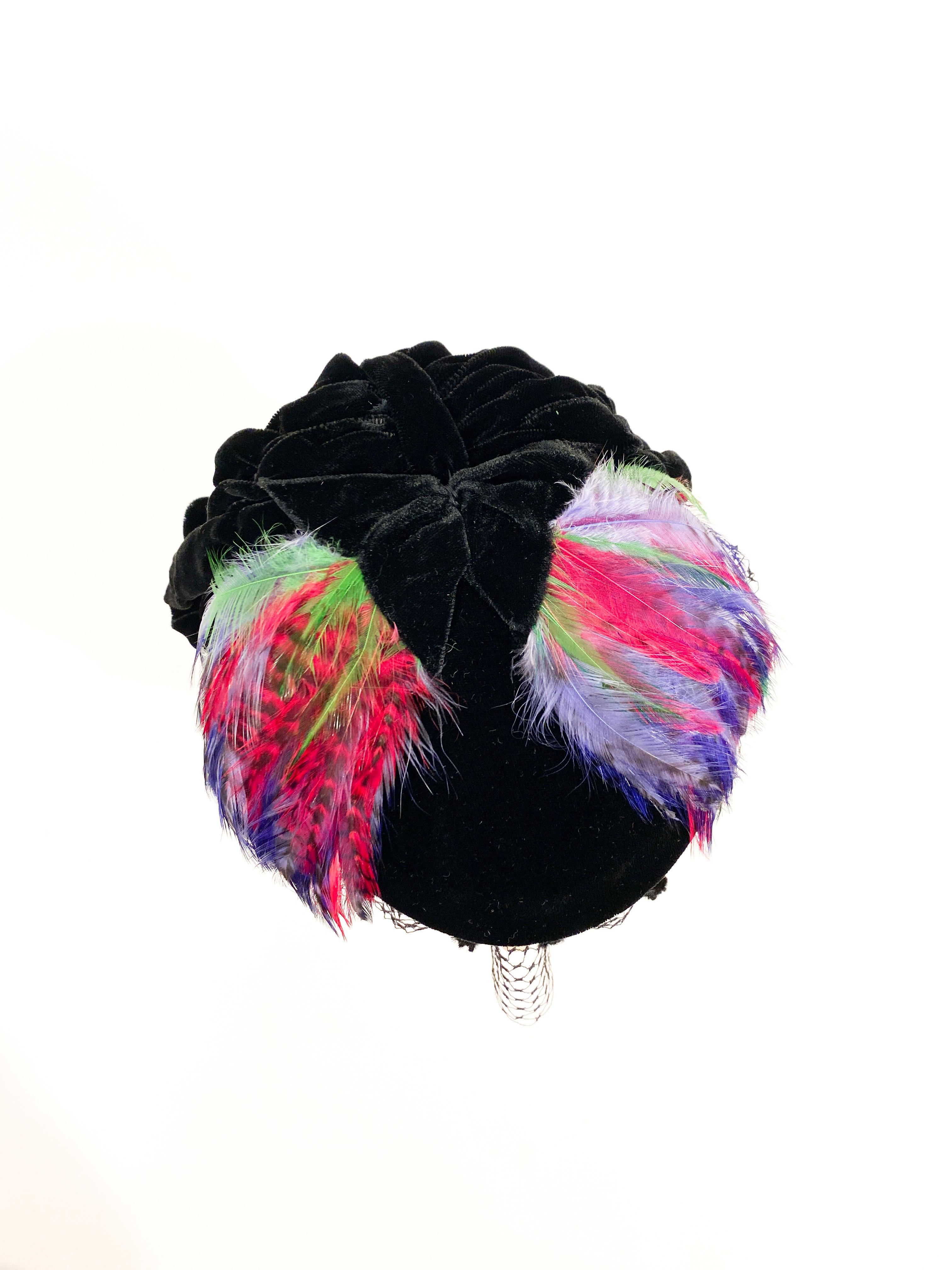 1940s Black Velvet Cocktail Hat with Veil and Colored Feathers  For Sale 1