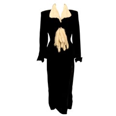 Vintage 1940's Black Velvet Evening Suit with White Mink Collar and Scarf Detail