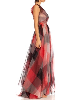 1940S Black, White & Red Silk Organza Sheer Buffalo Check Gown Couture From Par