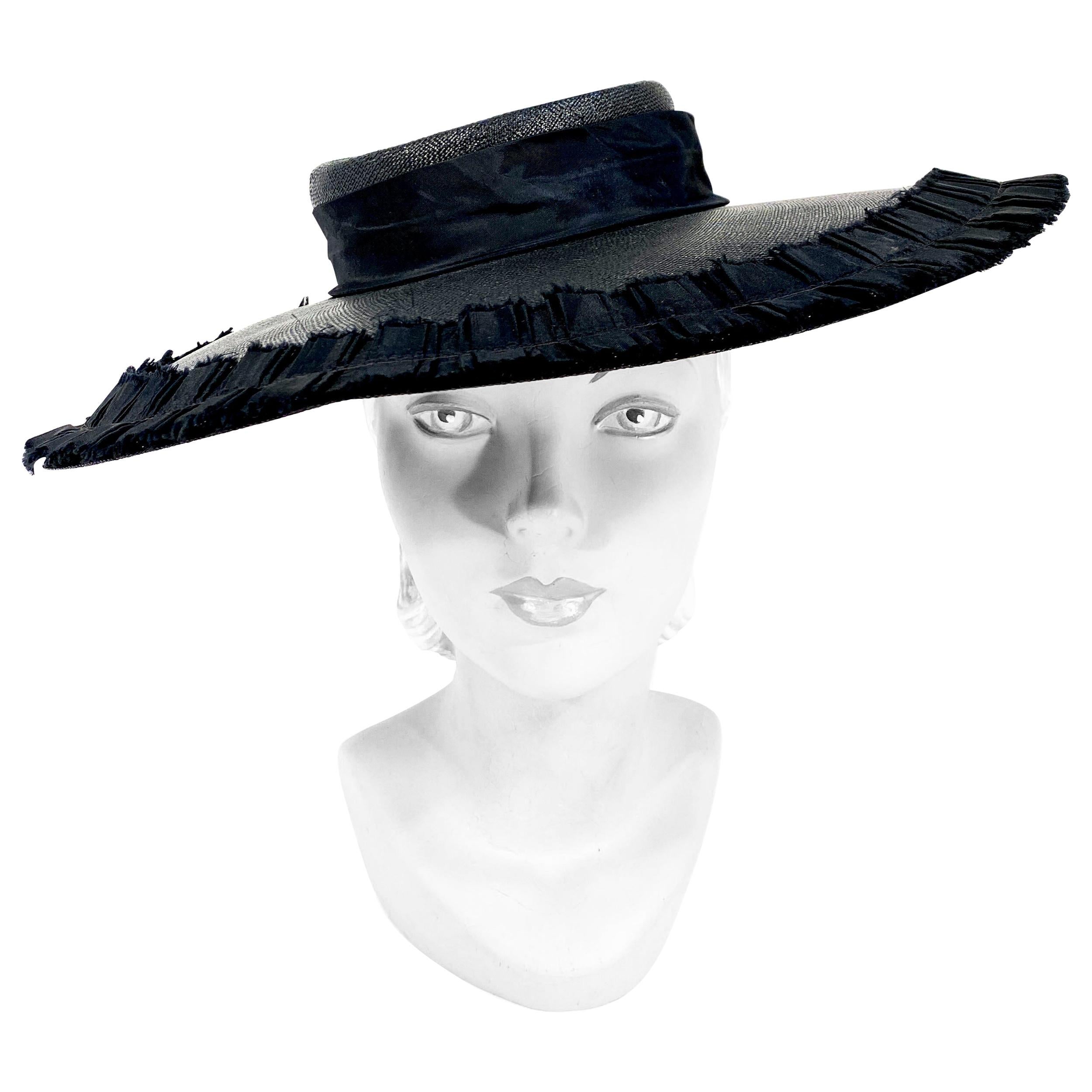 1940s Black Wide-Brimmed Woven Hat