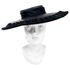 1940s Black Wide-Brimmed Woven Hat