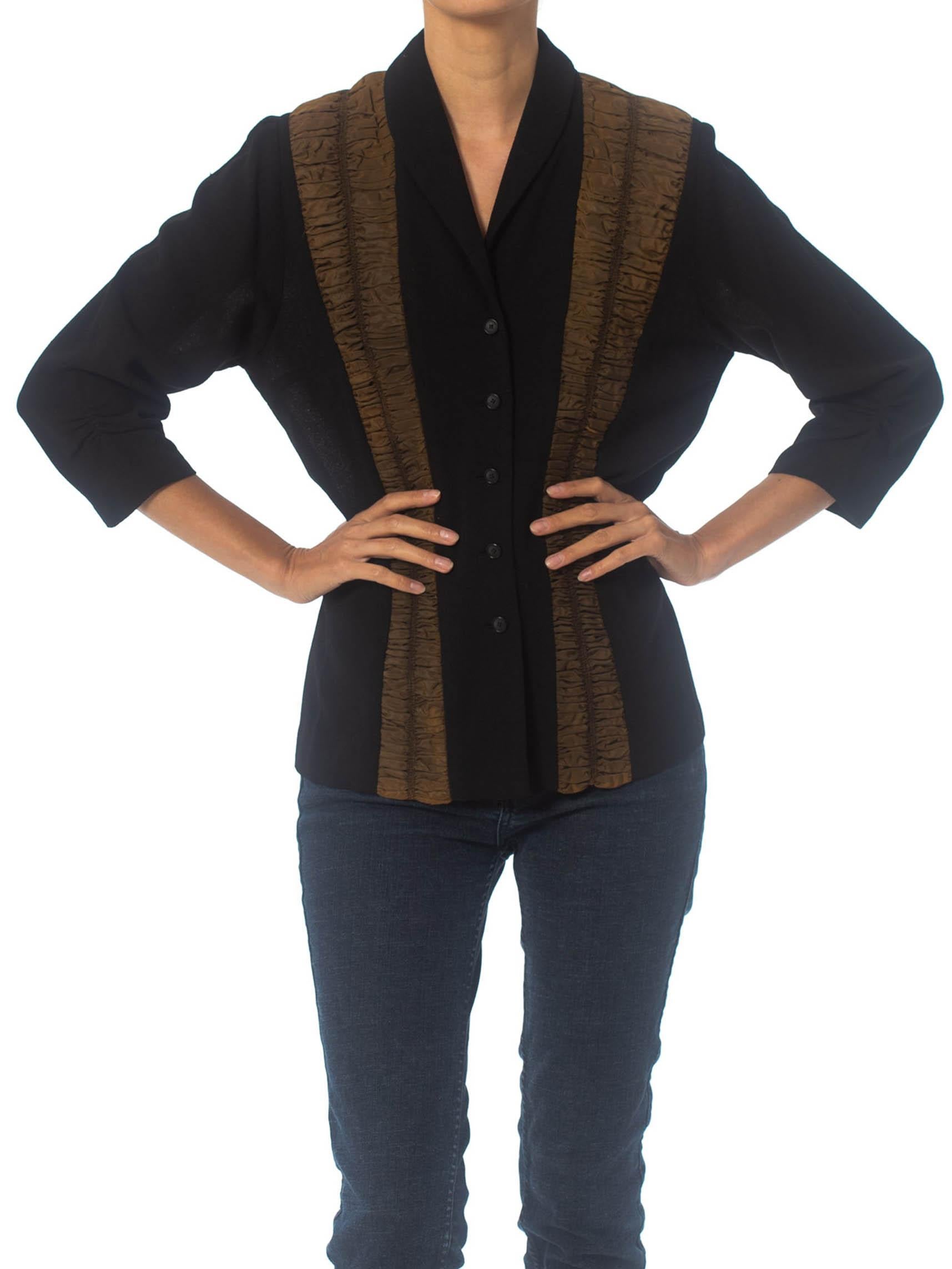 1940S Black Wool Crepe Jacket With Olive Taffeta Insets, XL 1