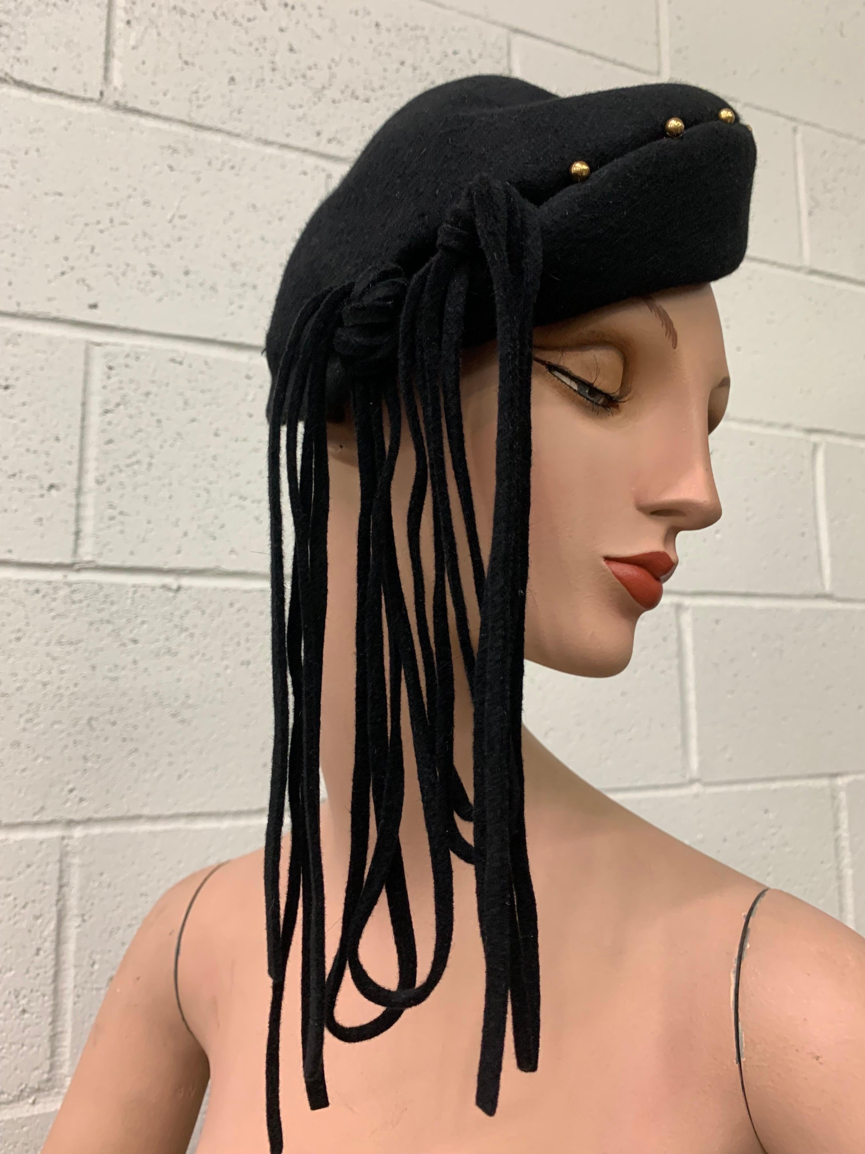 1940s Black Wool Felt Beret w Rolled Brim Gold Studs & Long Felt Knotted Fringe at Side: Unmarked as to maker, this one is high on style!  Size Medium-Large