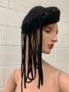 1940s Black Wool Felt Beret w Rolled Brim Gold Studs & Long Felt Knotted Fringe