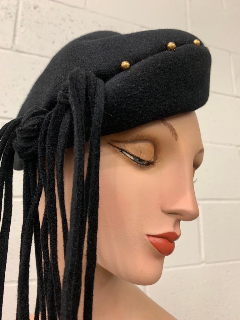 1940s Black Wool Felt Beret w Rolled Brim Gold Studs and 