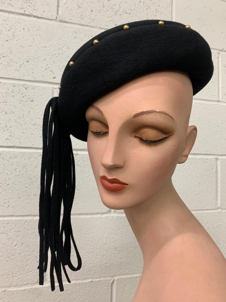 AWESOME 1940s\' BLACK FELT BERET WITH GOLD STUDS + LONG BLACK/GOLD CURLY FEATHERS 1940s Black Wool Felt Beret w Rolled Brim Gold Studs and  main image 3