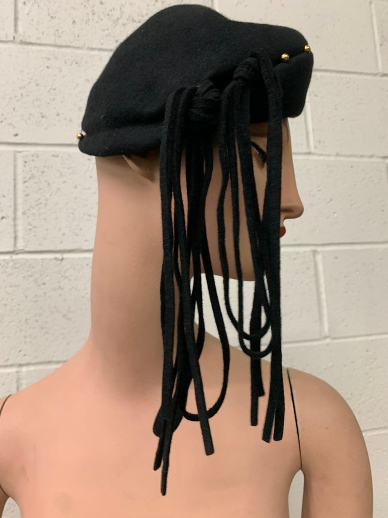 1940s Black Wool Felt Beret w Rolled Brim Gold Studs and  display picture 2