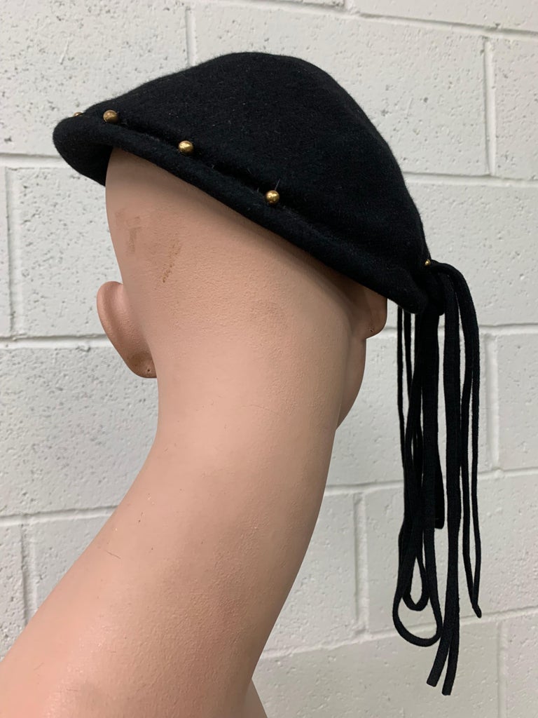 AWESOME 1940s\' BLACK FELT BERET WITH GOLD STUDS + LONG BLACK/GOLD CURLY FEATHERS 1940s Black Wool Felt Beret w Rolled Brim Gold Studs and  main image 4