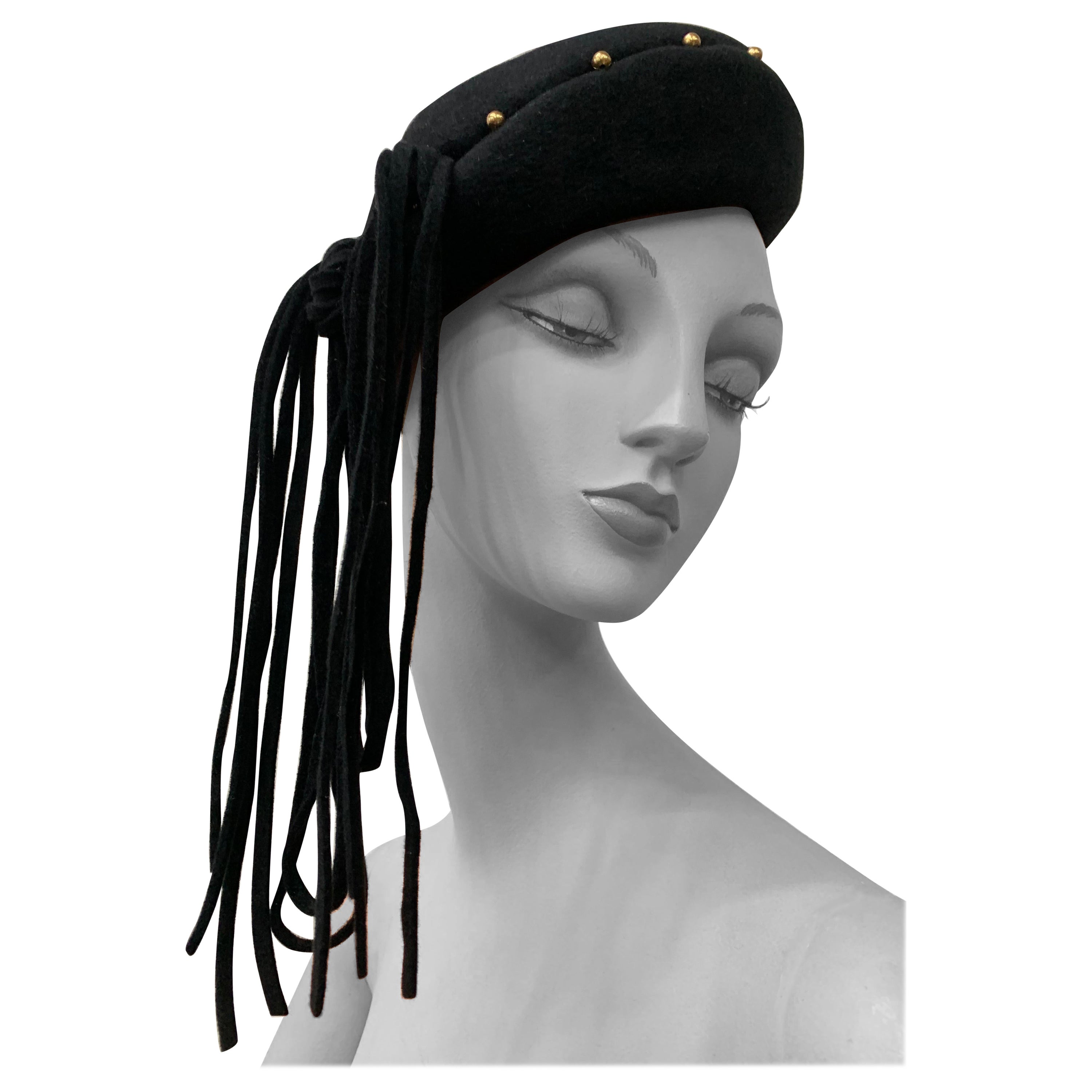 1940s Black Wool Felt Beret w Rolled Brim Gold Studs & Long Felt Knotted Fringe