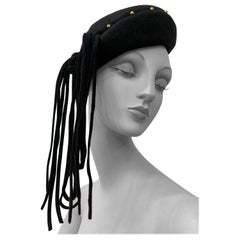1940s Black Wool Felt Beret w Rolled Brim Gold Studs & Long Felt Knotted Fringe