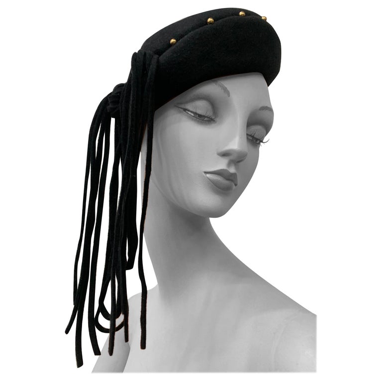 AWESOME 1940s\' BLACK FELT BERET WITH GOLD STUDS + LONG BLACK/GOLD CURLY FEATHERS 1940s Black Wool Felt Beret w Rolled Brim Gold Studs and  main image 2