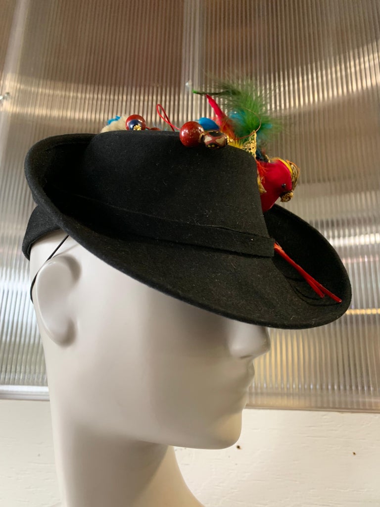 1940s Black Wool Felt Robin Hood Style Hat W/ Extravagant Feather Bird