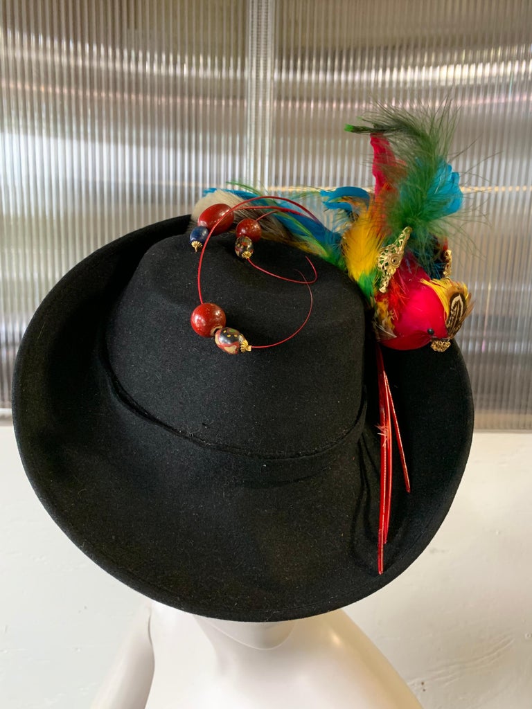 1940s Black Wool Felt Robin Hood Style Hat W/ Extravagant Feather Bird