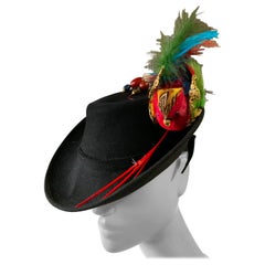 Vintage 1940s Black Wool Felt Robin Hood Style Hat W/ Extravagant Feather Bird