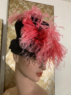 1940s Black Wool Felt Tall-Crown "Top-Hat" Style Tilt Hat w Pink Ostrich Feather