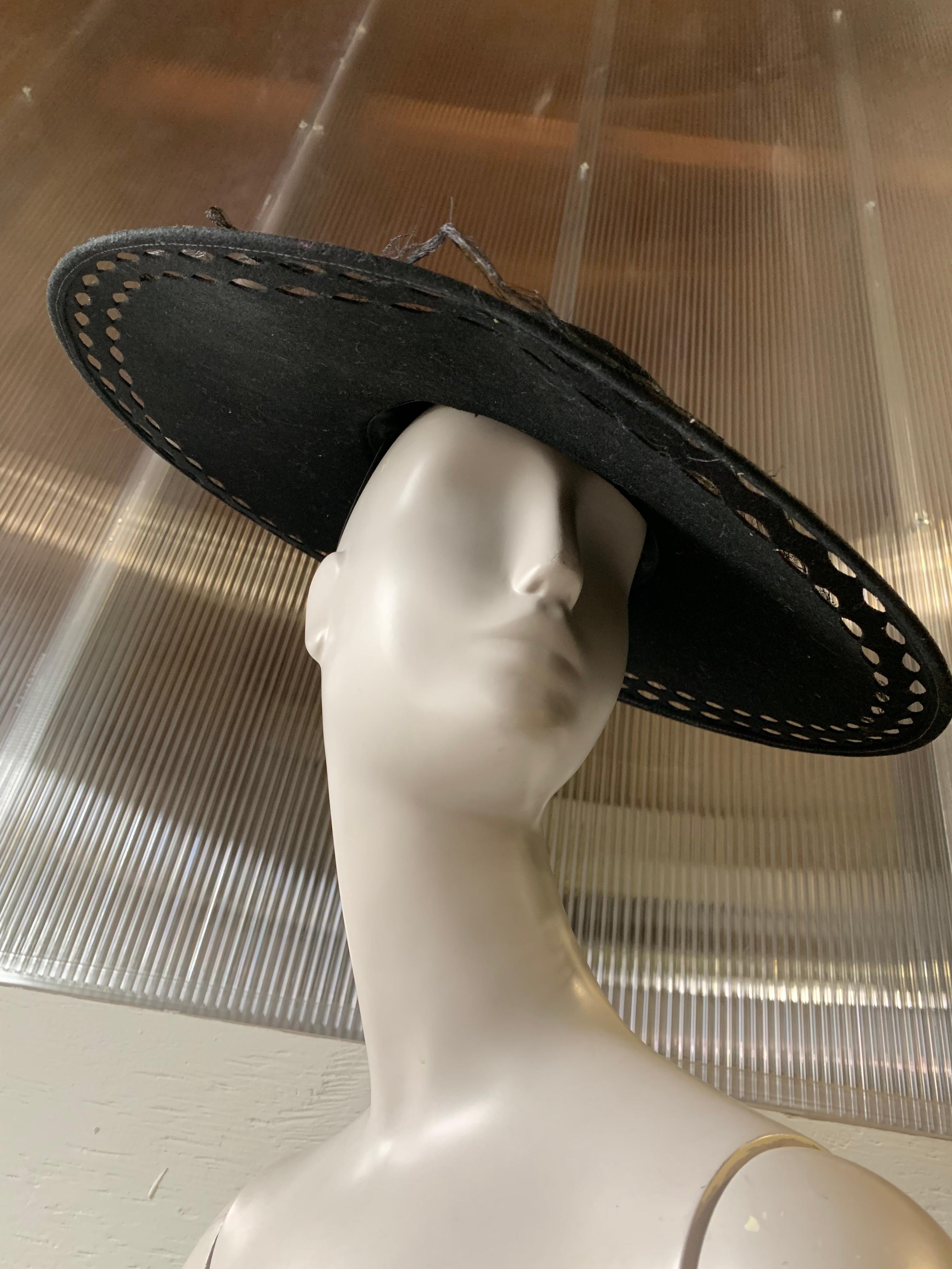 1940s Black Wool Felt Wide Brimmed Hat W/ Marquis-Shaped Cut-Outs And Veil 5