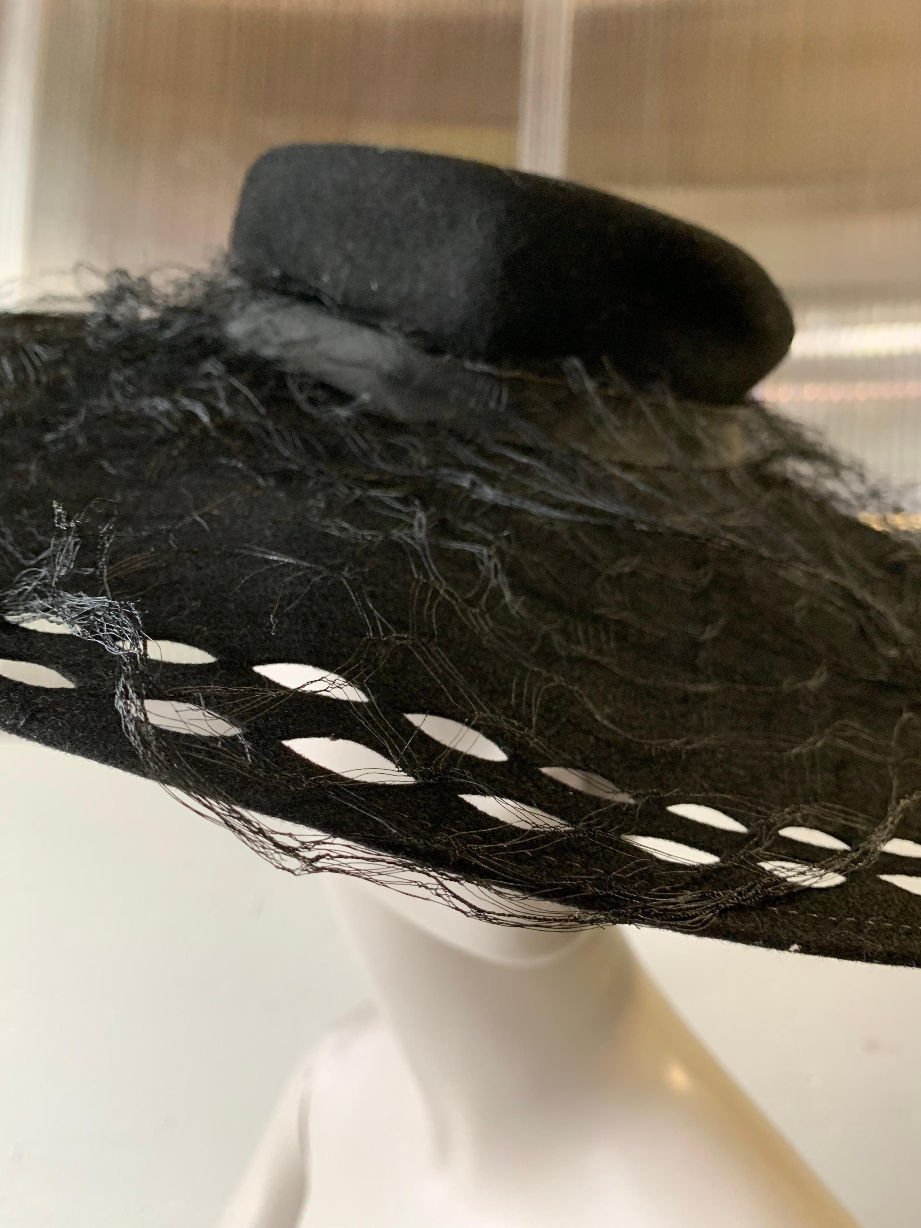 1940s Black Wool Felt Wide Brimmed Hat W/ Marquis-Shaped Cut-Outs And Veil 6