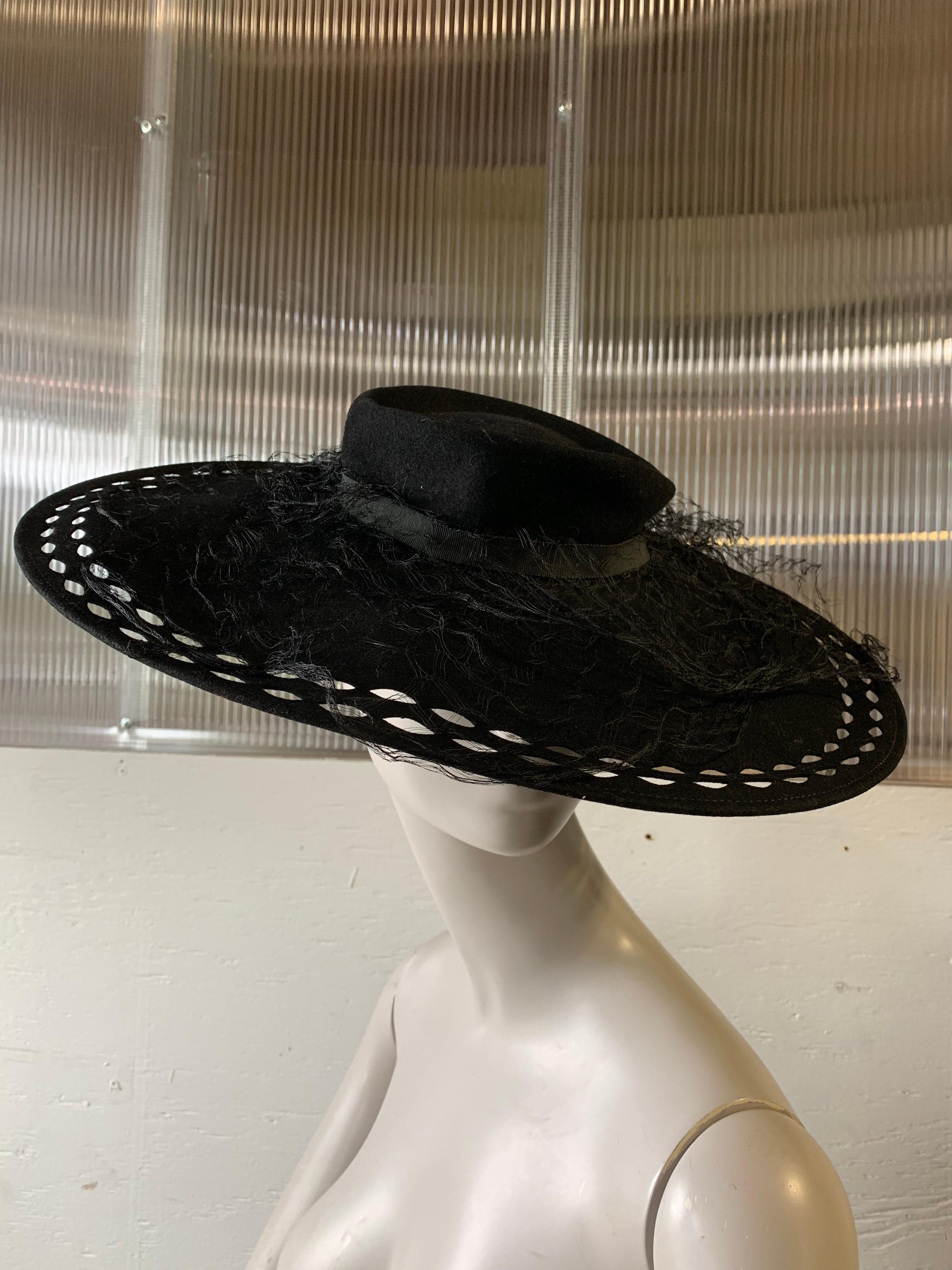 1940s Black Wool Felt Wide Brimmed Hat W/ Marquis-Shaped Cut-Outs And Veil 7