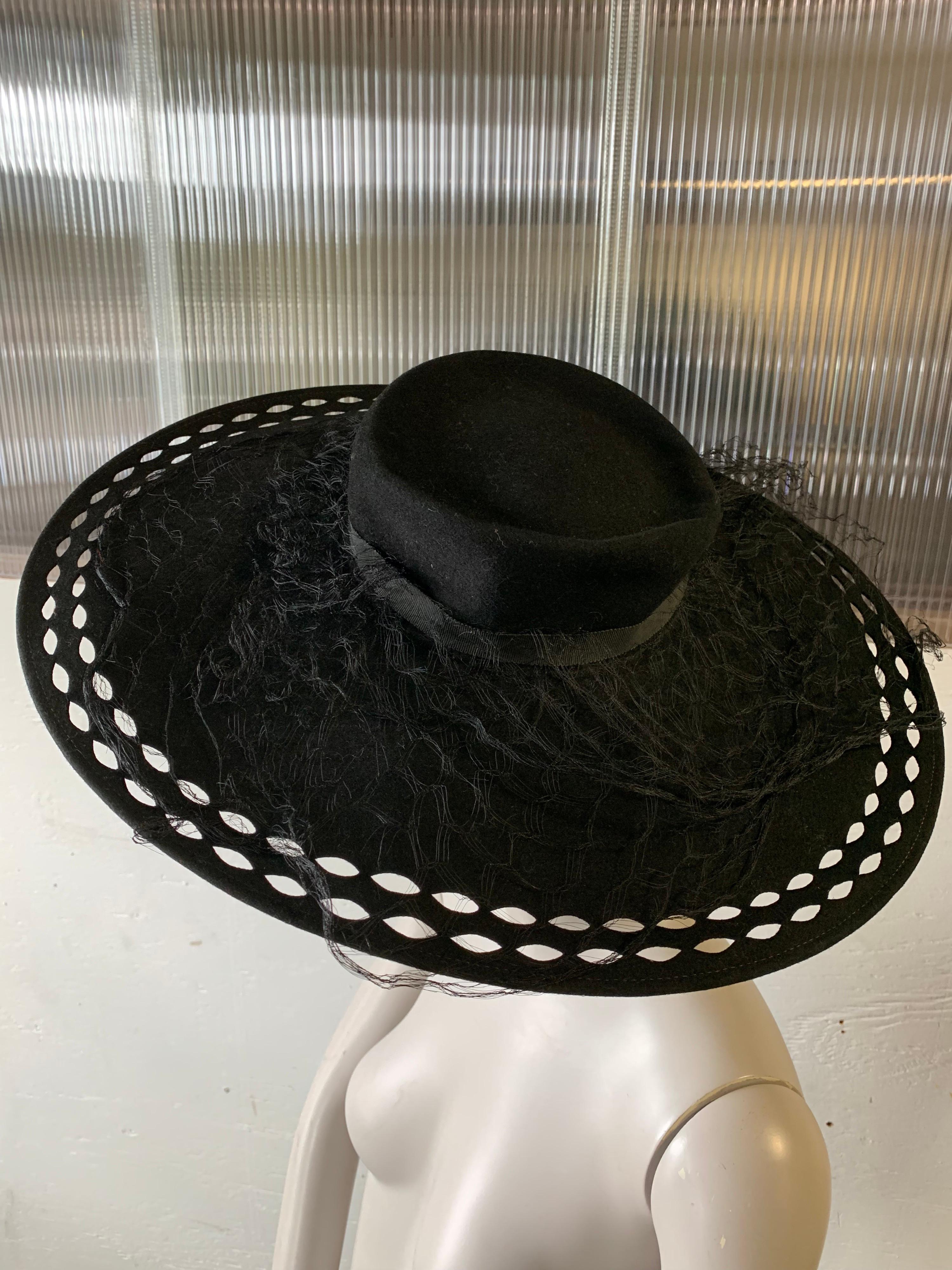 1940s Black Wool Felt Wide Brimmed Hat W/ Marquis-Shaped Cut-Outs And Veil 8