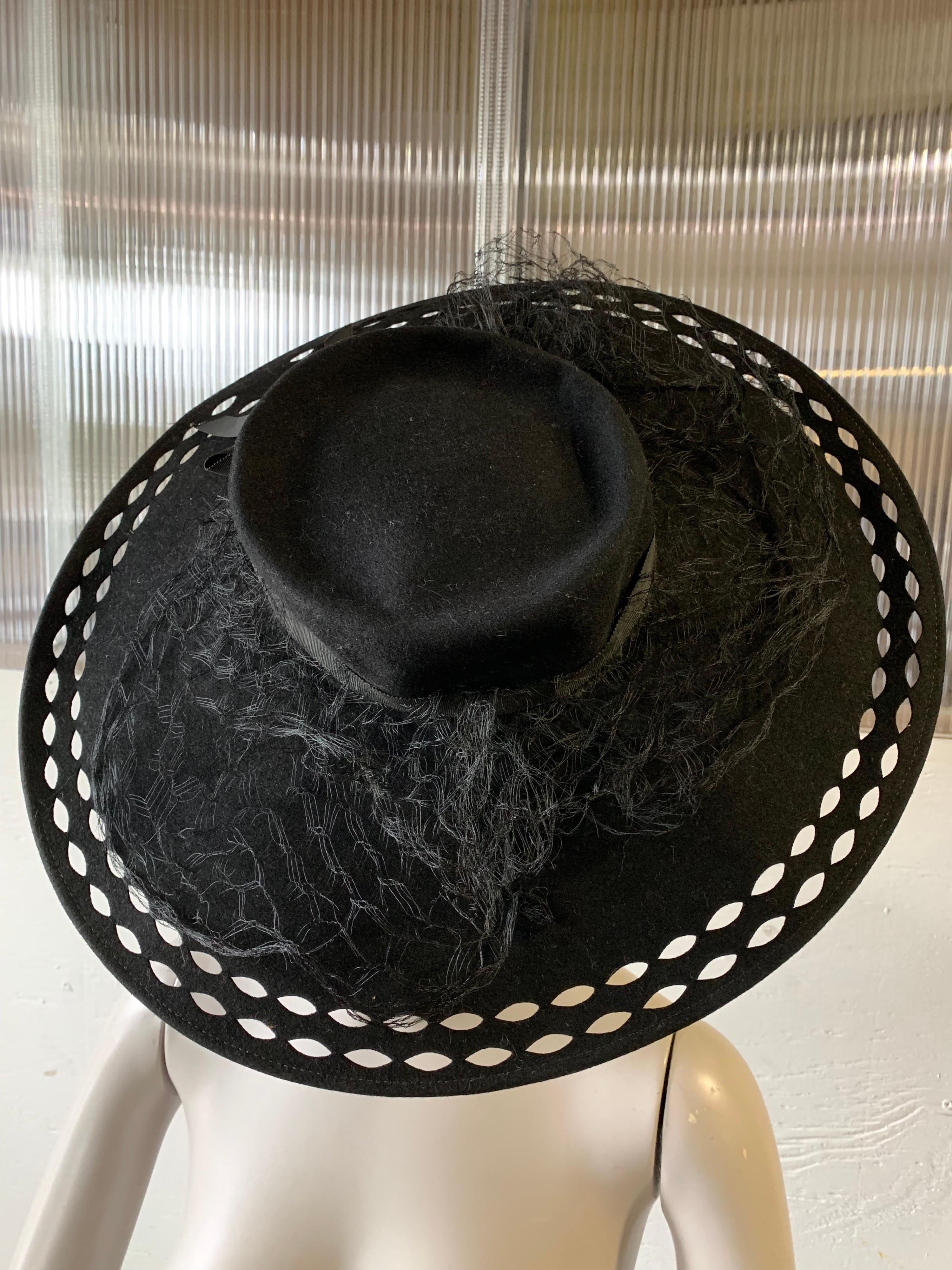 1940s Black Wool Felt Wide Brimmed Hat W/ Marquis-Shaped Cut-Outs And Veil 11