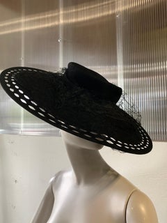 1940s Black Wool Felt Wide Brimmed Hat W/ Marquis-Shaped Cut-Outs And Veil