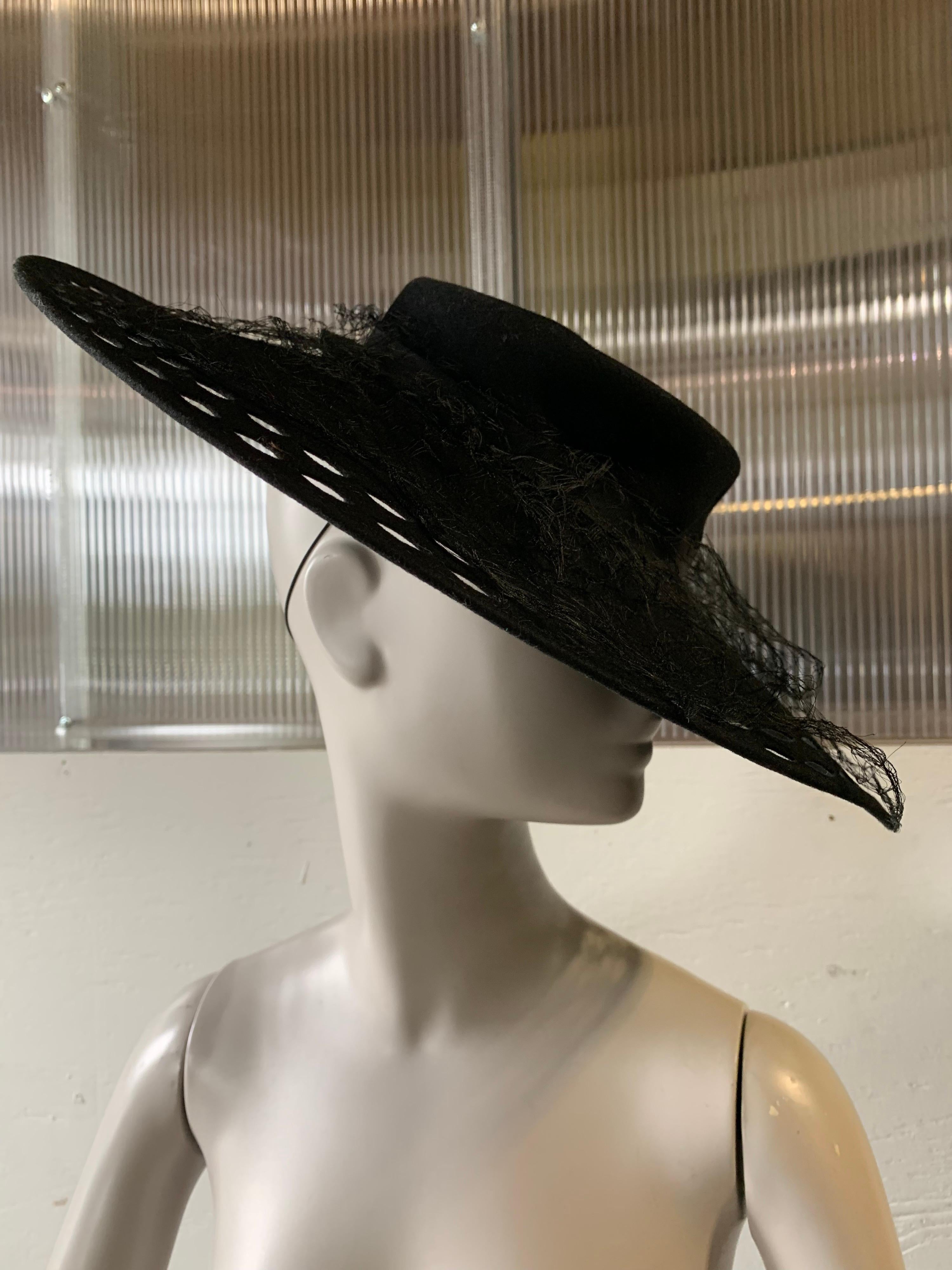 1940s Black Wool Felt Wide Brimmed Hat W/ Marquis-Shaped Cut-Outs And Veil In Excellent Condition In Gresham, OR