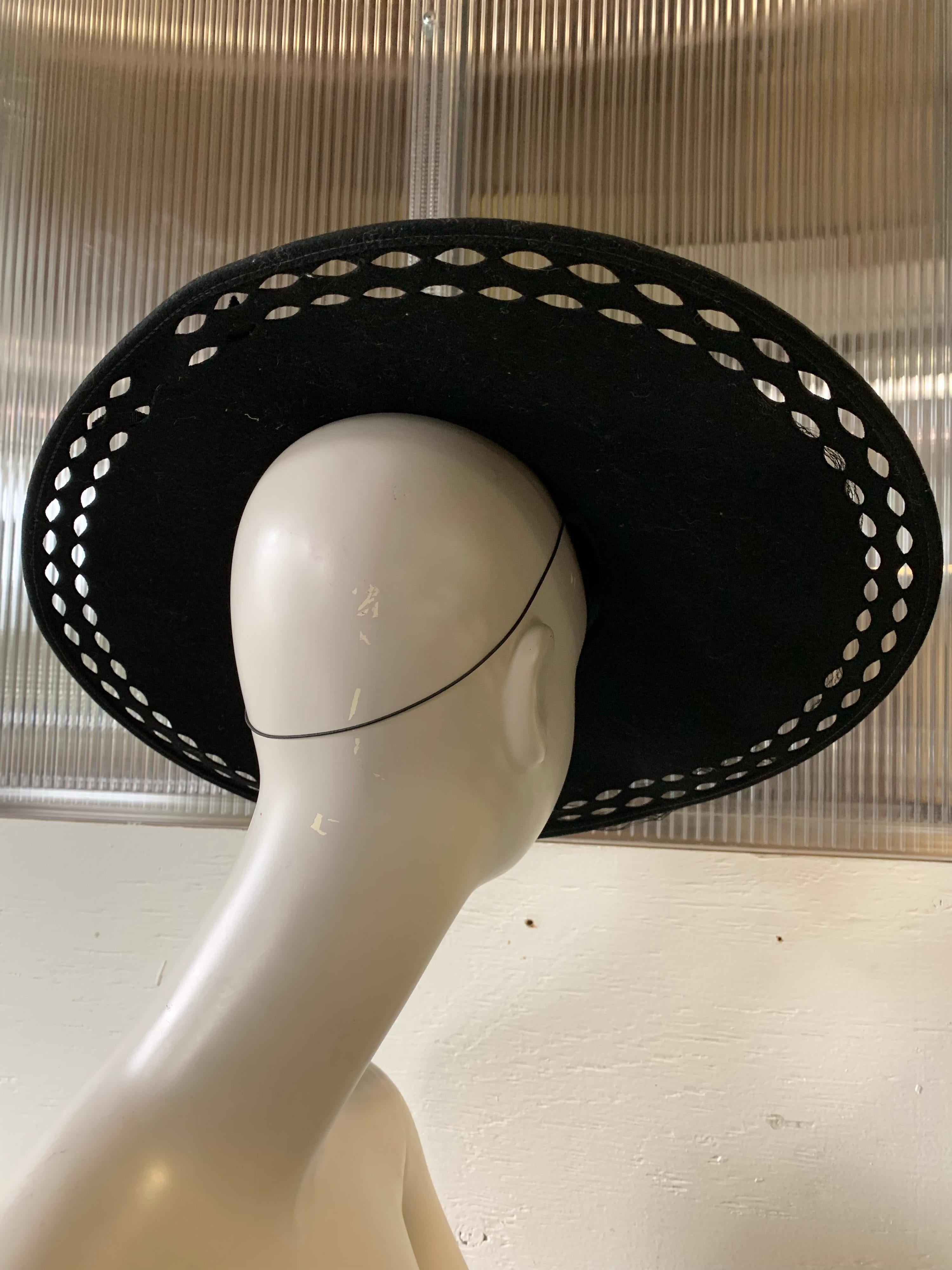 Women's 1940s Black Wool Felt Wide Brimmed Hat W/ Marquis-Shaped Cut-Outs And Veil