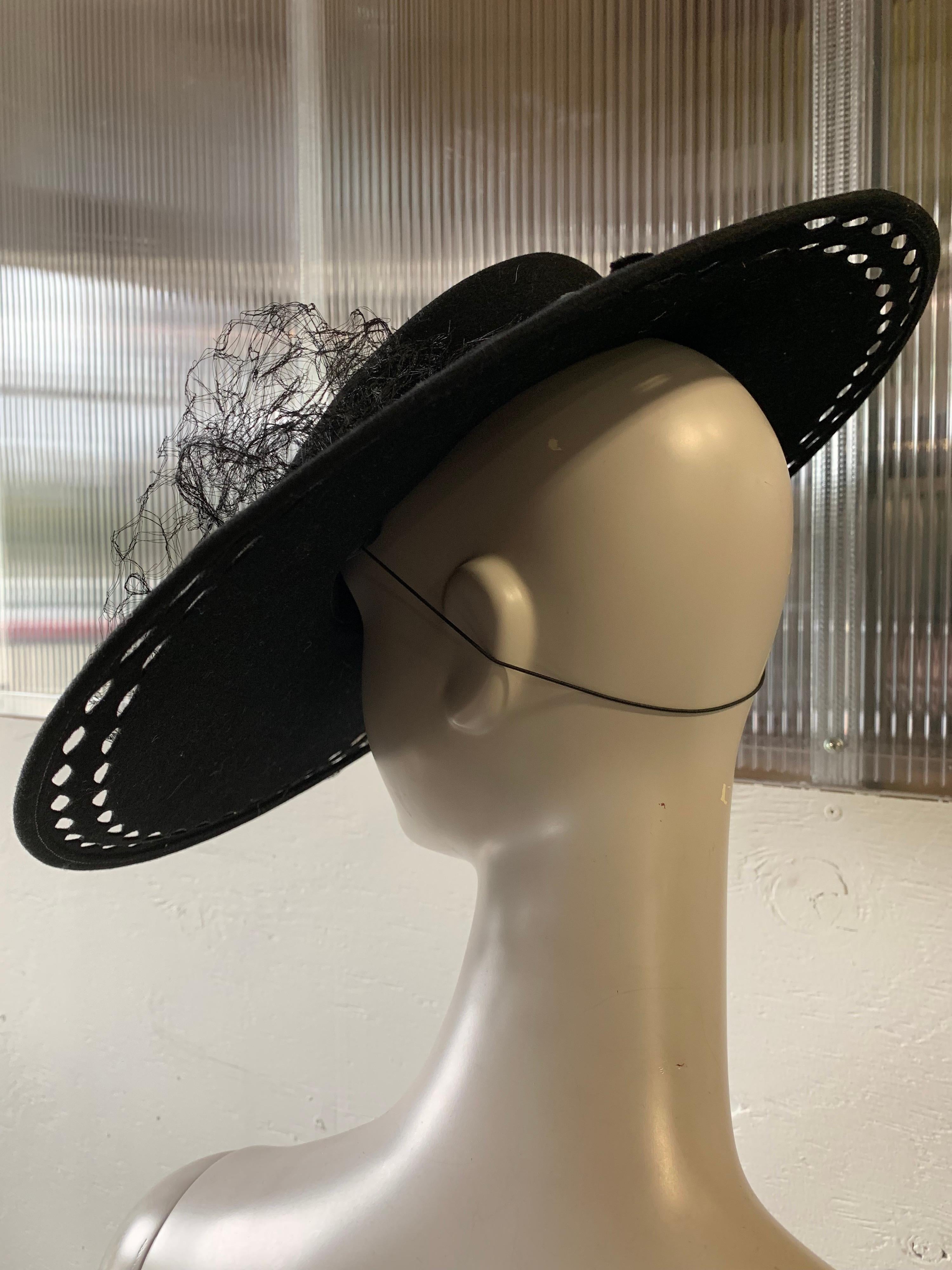 1940s Black Wool Felt Wide Brimmed Hat W/ Marquis-Shaped Cut-Outs And Veil 1