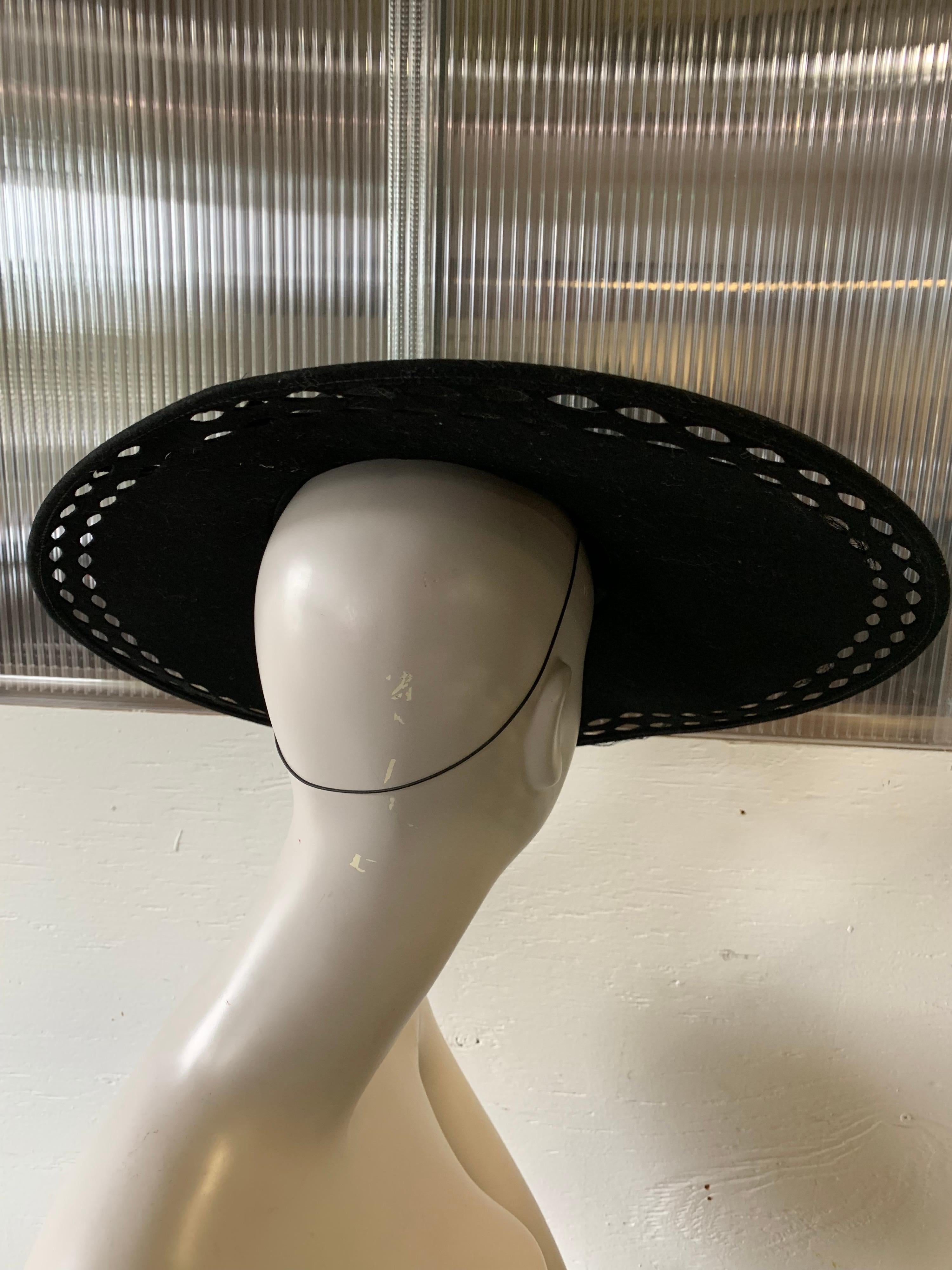 1940s Black Wool Felt Wide Brimmed Hat W/ Marquis-Shaped Cut-Outs And Veil 2