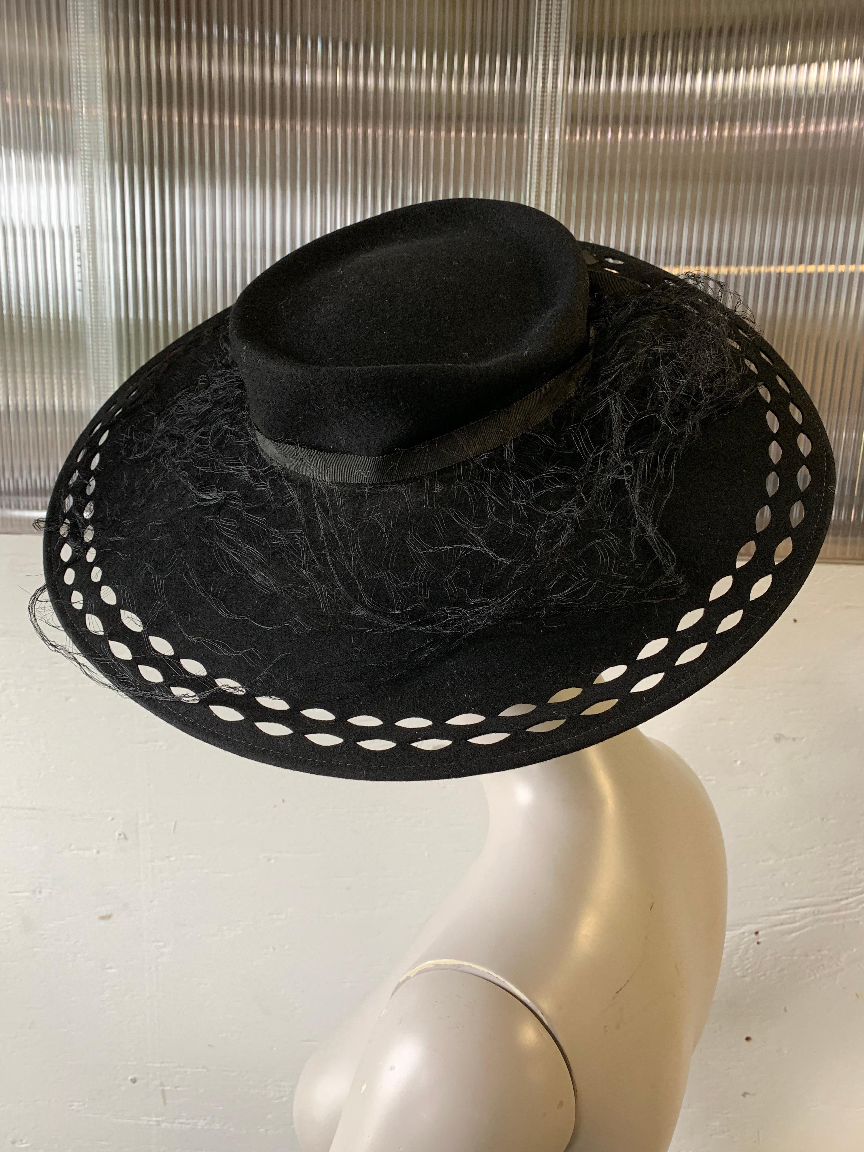 1940s Black Wool Felt Wide Brimmed Hat W/ Marquis-Shaped Cut-Outs And Veil 3
