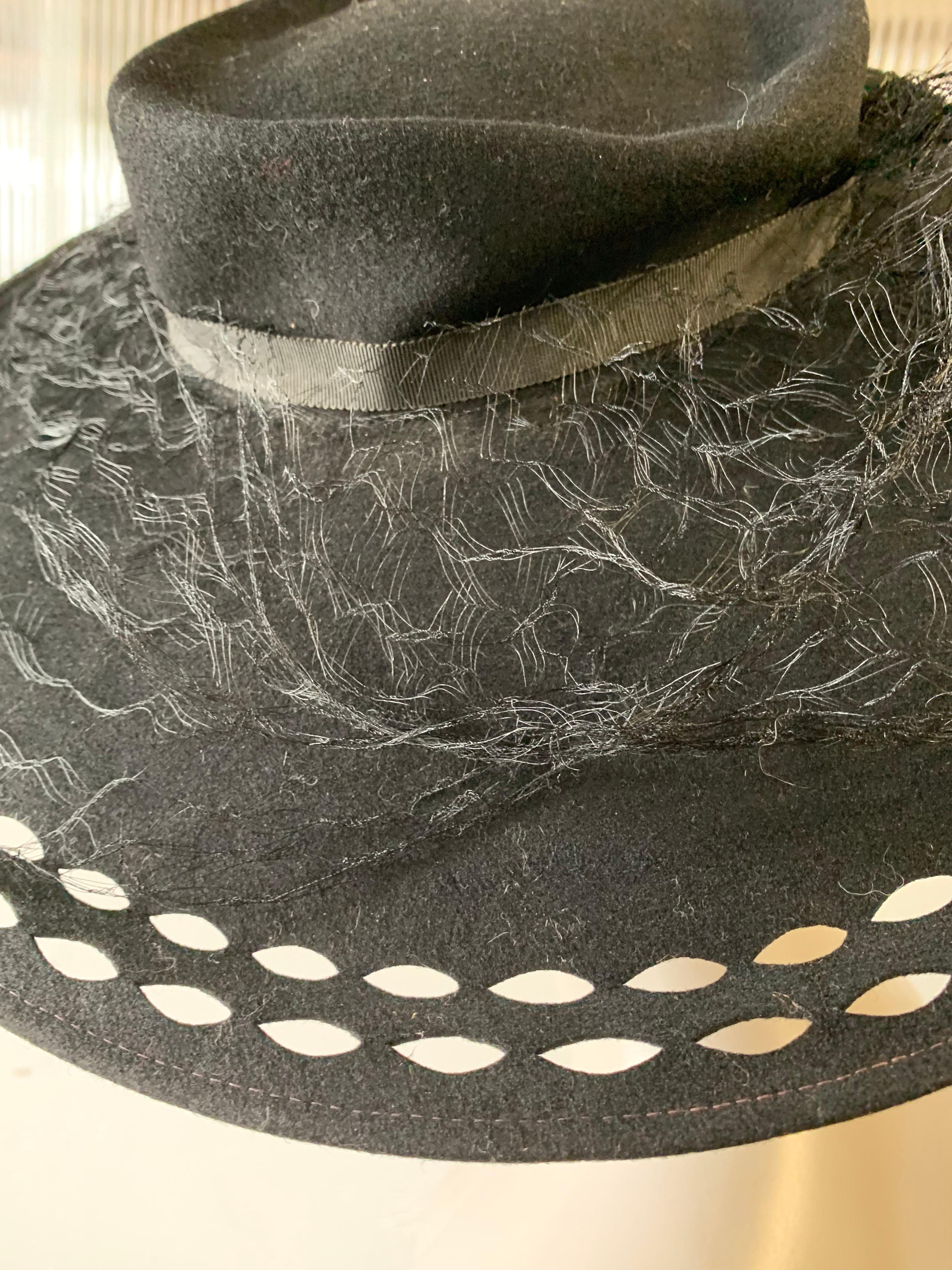 1940s Black Wool Felt Wide Brimmed Hat W/ Marquis-Shaped Cut-Outs And Veil 4